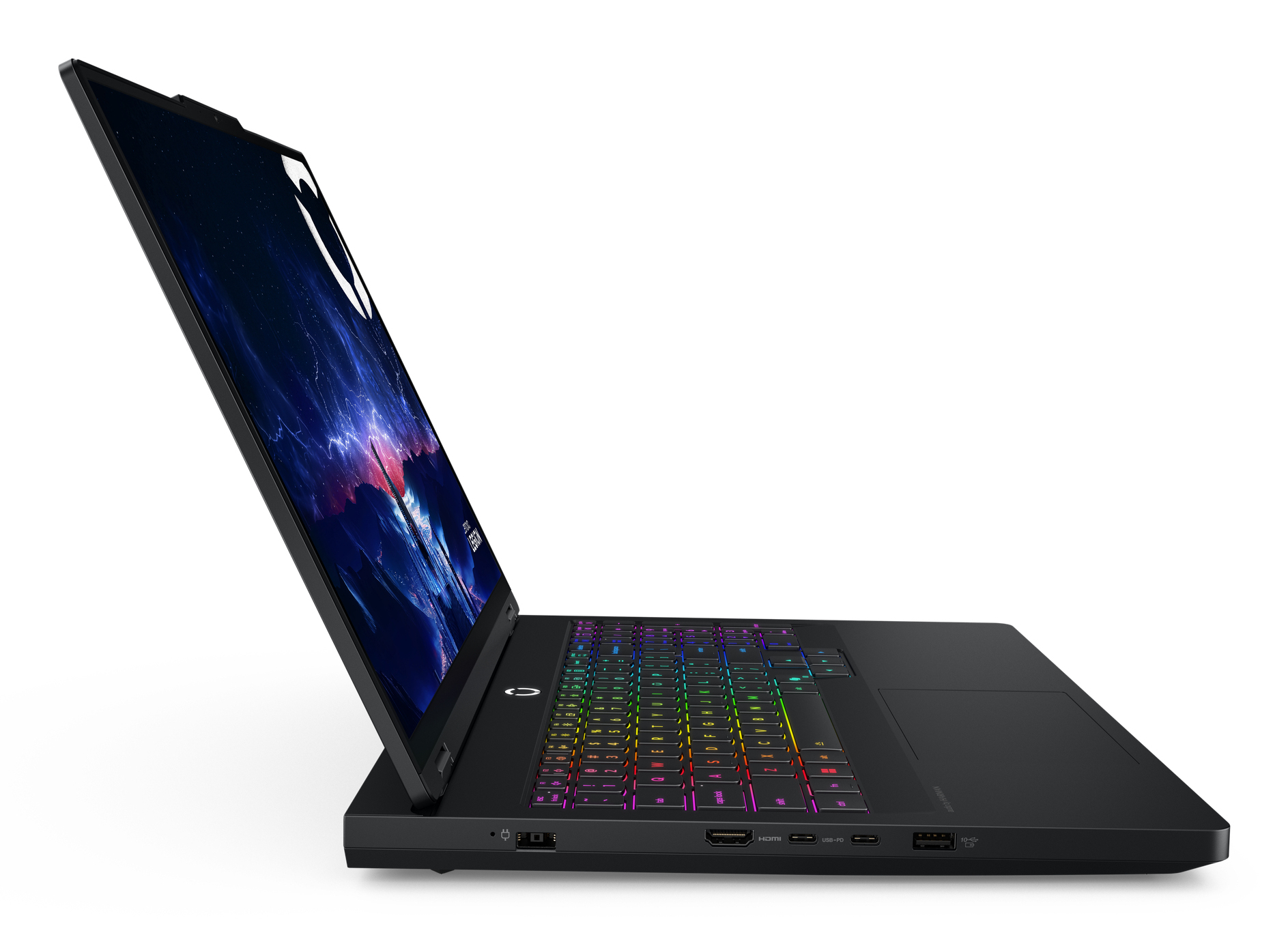 Laptop nero con tastiera illuminata e sfondo cosmico sullo schermo.