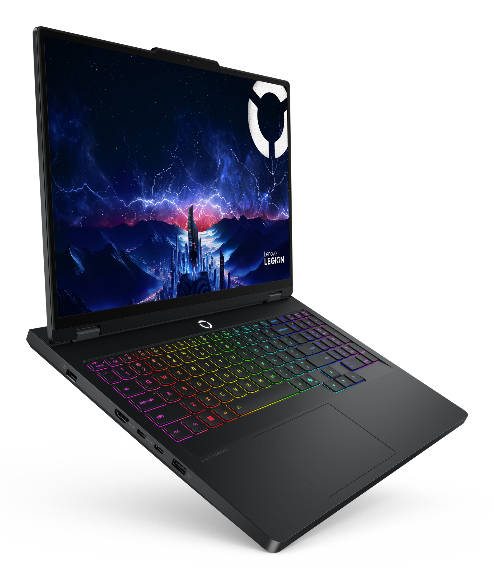 Laptop Lenovo Legion nero con tastiera retroilluminata arcobaleno e sfondo futuristico.