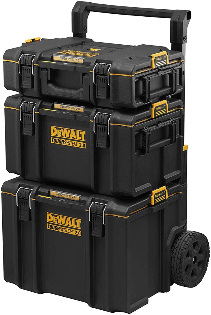 Czarne skrzynki narzędziowe DeWalt ToughSystem 2.0 ułożone na jezdnej podstawie z rączką.