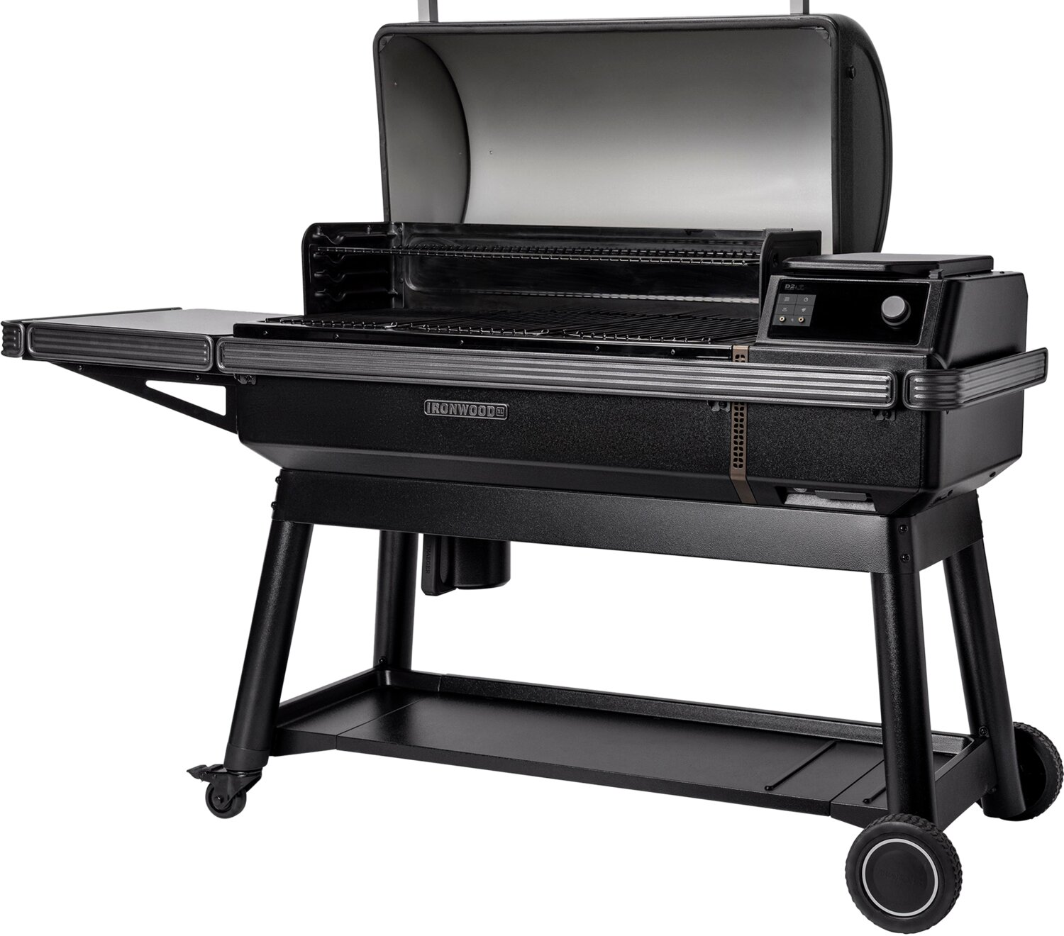 Una parrilla negra con la tapa abierta, panel de control digital y estante lateral.