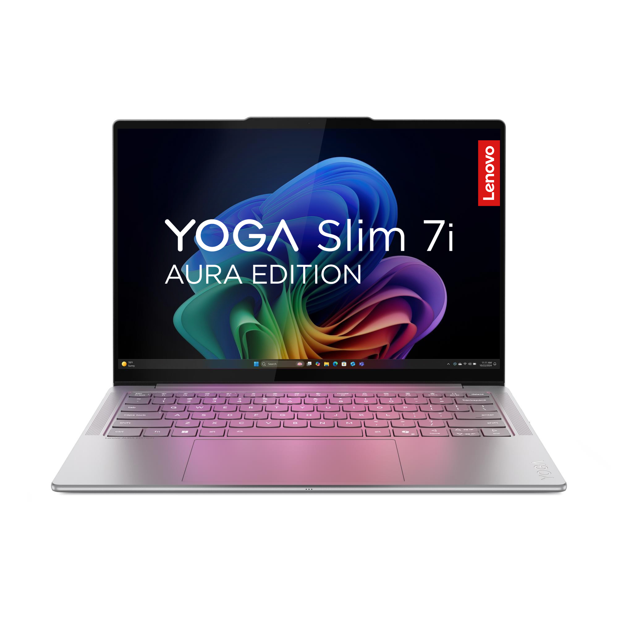 Un laptop Lenovo Yoga Slim 7i chiuso che mostra uno sfondo colorato.