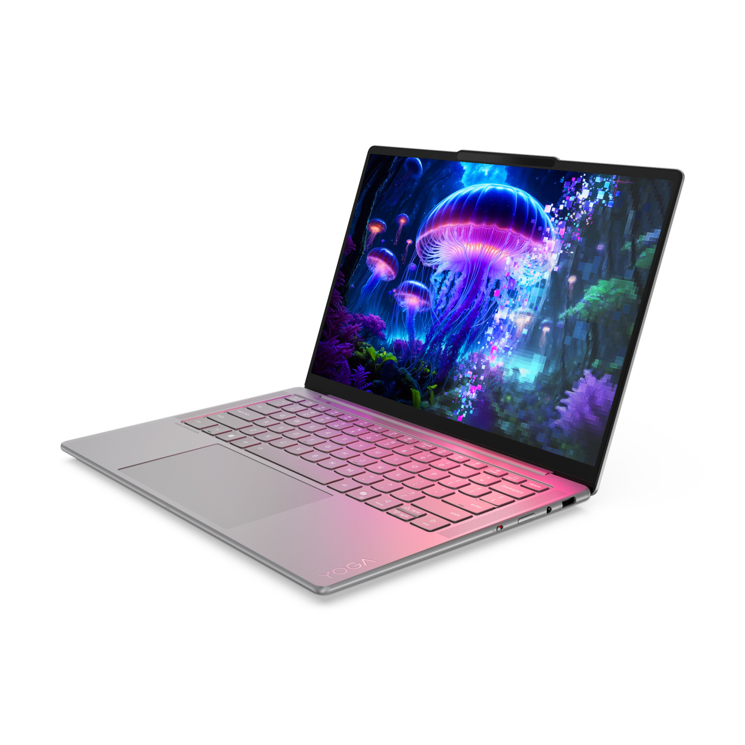Un laptop aperto con una colorata scena subacquea di meduse sullo schermo.