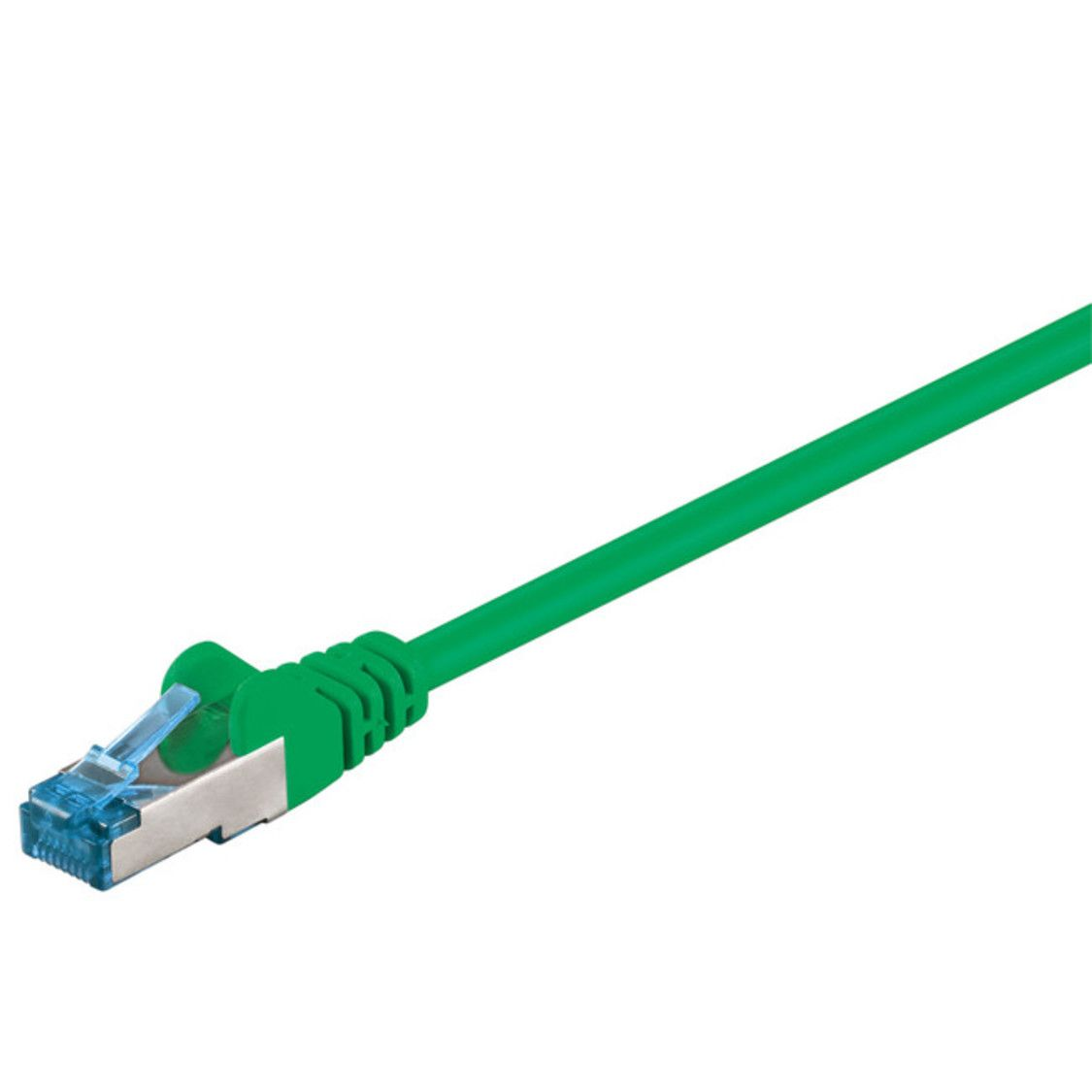 Grünes Ethernet-Kabel mit RJ45-Stecker und blauer Zugentlastung.