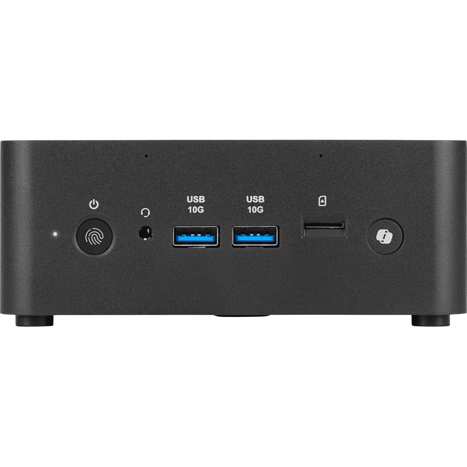 Mini PC nero con pulsante di accensione, sensore di impronte digitali, jack per cuffie e porte USB.