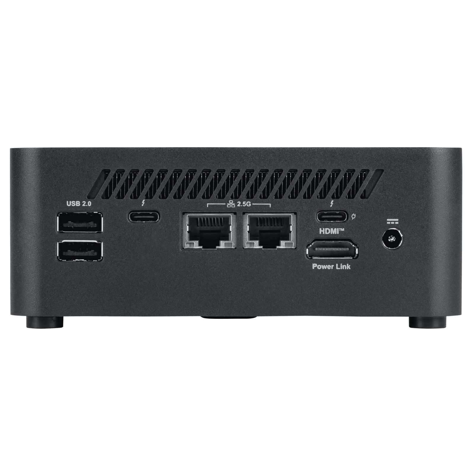 Mini PC nero con porte: 2x USB 2.0, USB-C, 2x LAN, HDMI, Power Link.