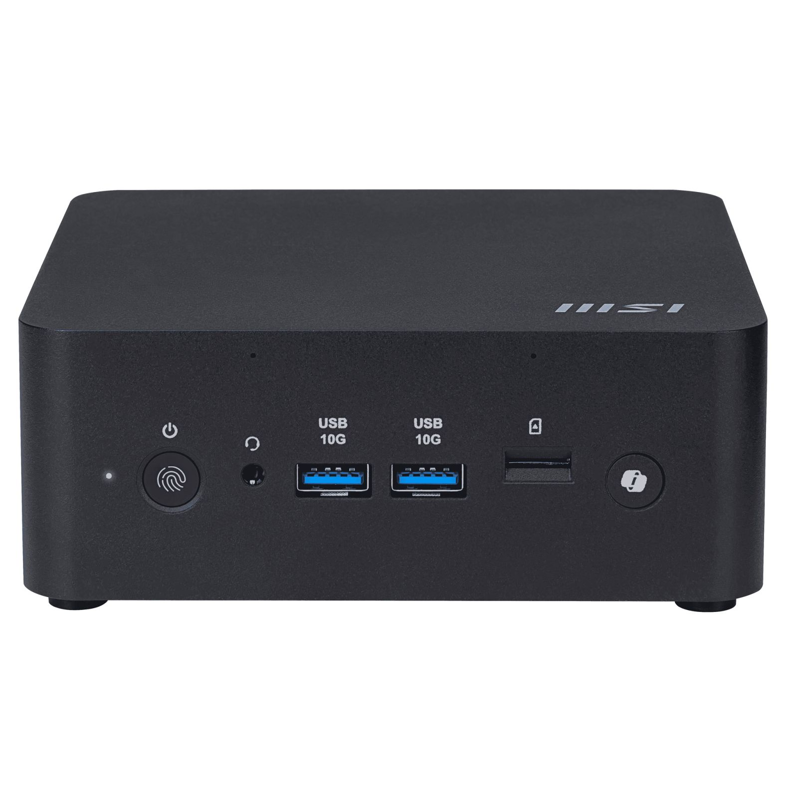 Mini PC nero frontale: accensione, impronta, audio, 2x USB 10G, lettore SD, tasto info.