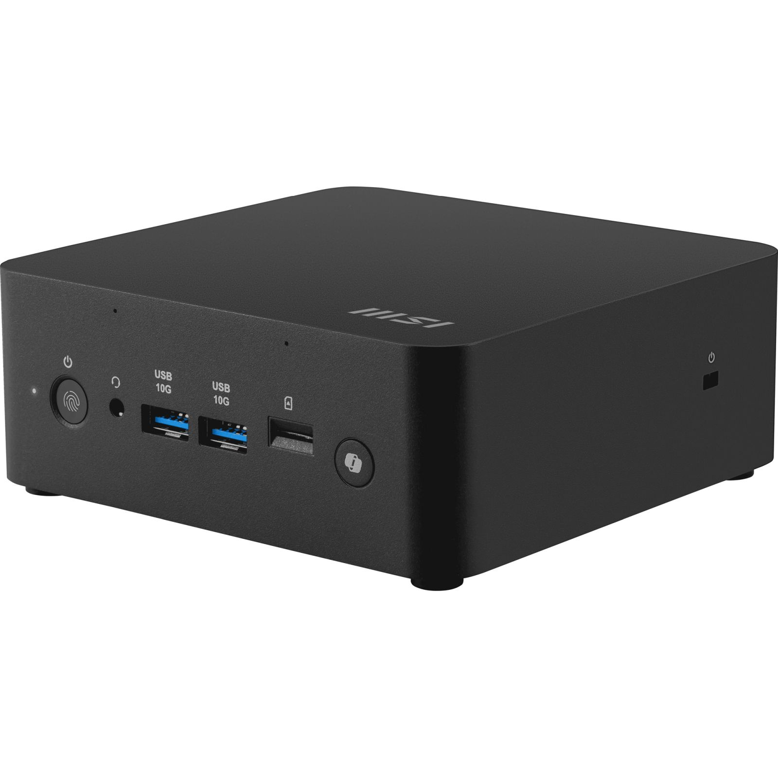 Mini PC nero con logo MSI, con porte USB e pulsante di accensione.