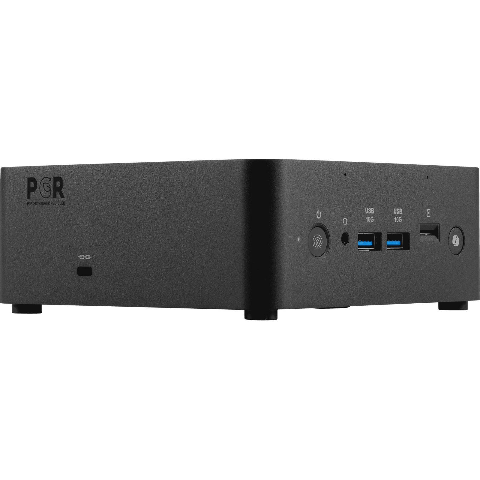 Case nero per mini PC con porte anteriori e logo.