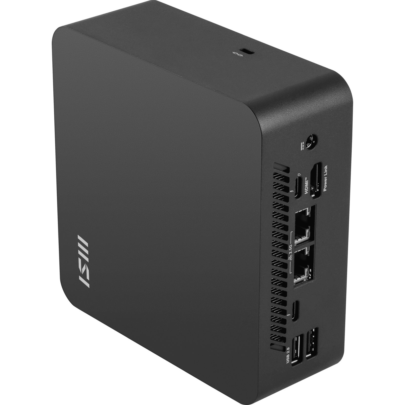 Mini PC nero con porte HDMI, USB ed Ethernet.