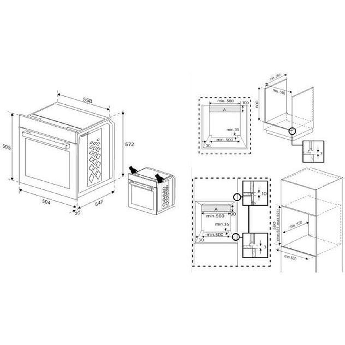 Diagramme zeigen Ofenabmessungen und Installationsabstände. Links zeigt Ofen mit Maßen.