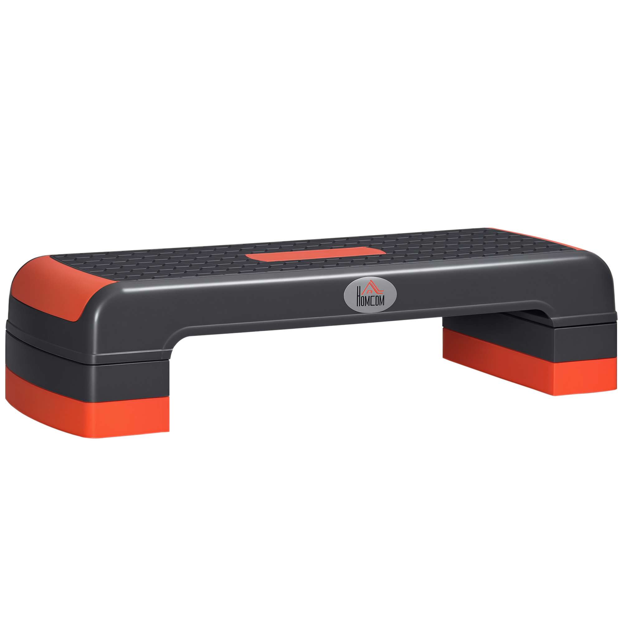 Piattaforma step aerobica grigia con accenti arancioni e superficie testurizzata.