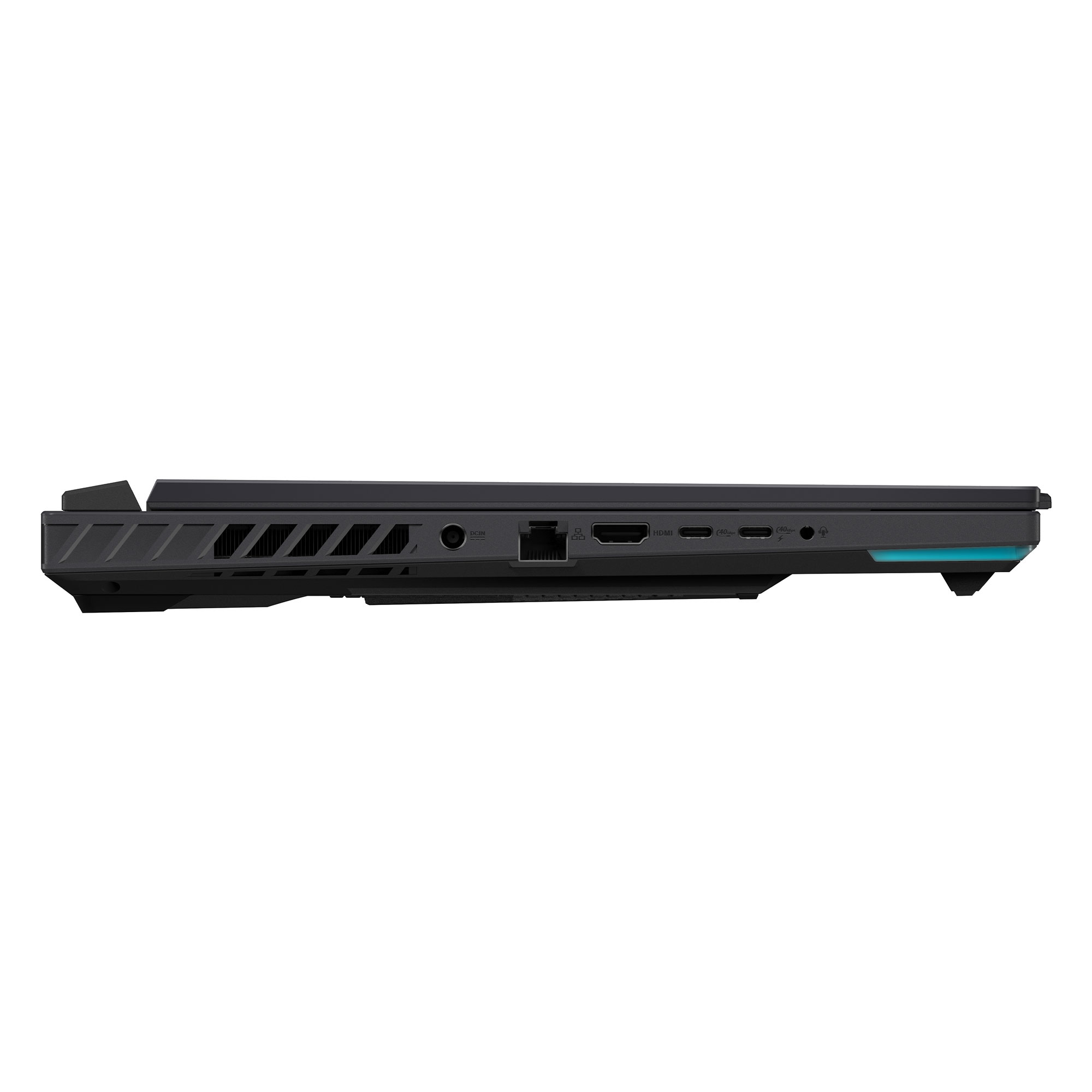 Siyah dizüstü bilgisayarın yan görünümü, bağlantı noktaları: DCIN, Ethernet, HDMI, USB-C, ses jakı.