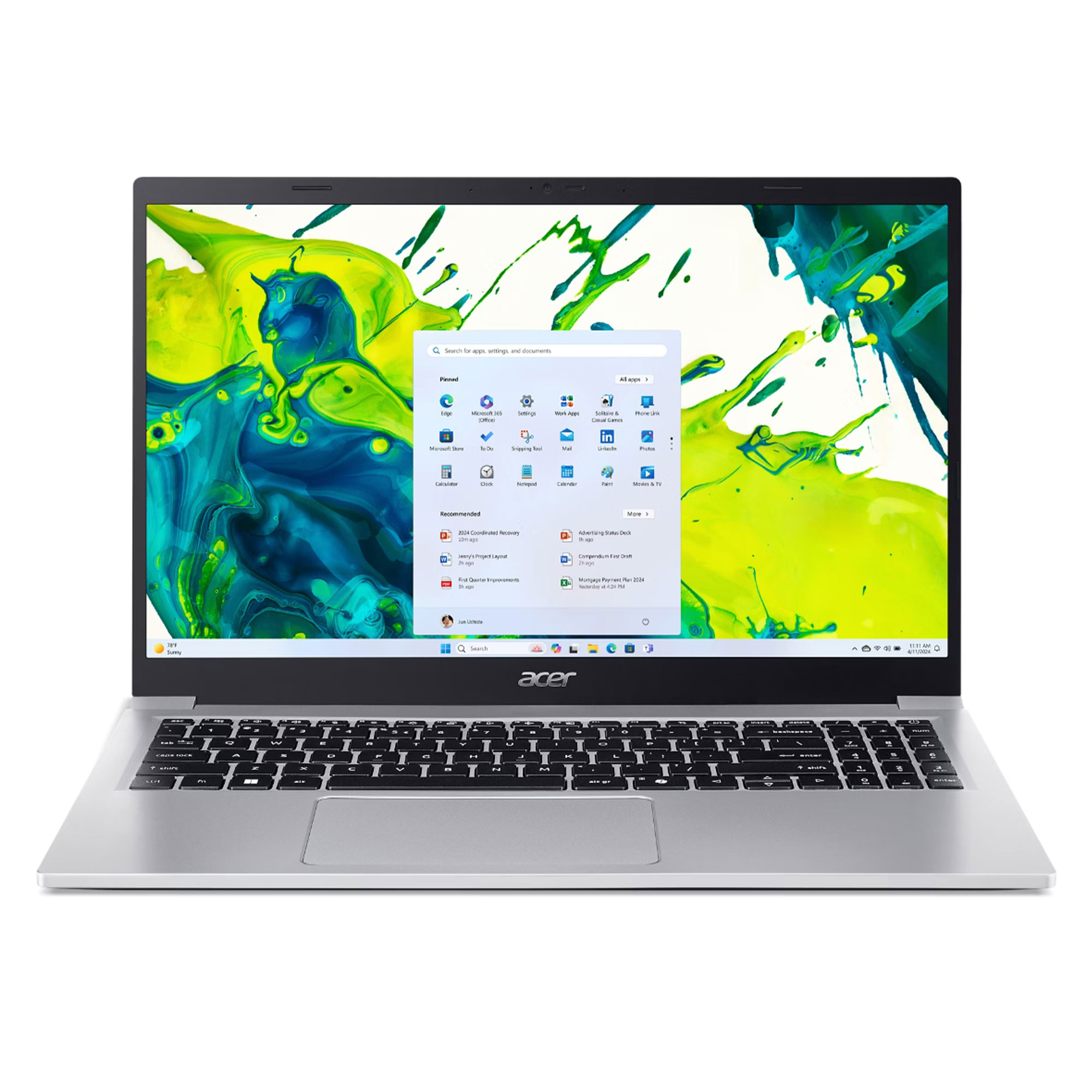 Ekranında renkli soyut arka plan gösteren gümüş rengi Acer dizüstü bilgisayar.