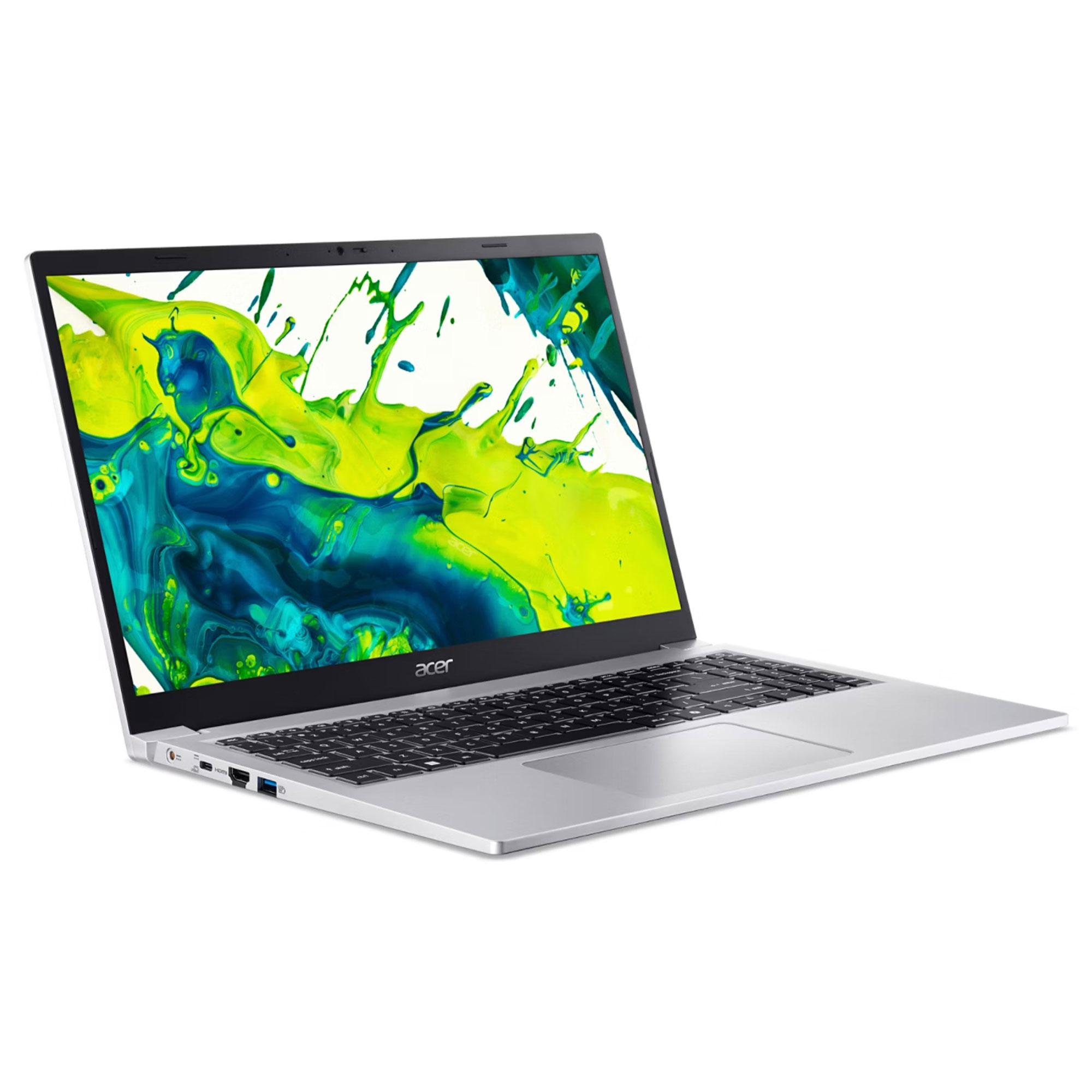 Ekranında renkli boya sıçraması duvar kağıdı gösteren açık gümüş renkli Acer dizüstü bilgisayar.