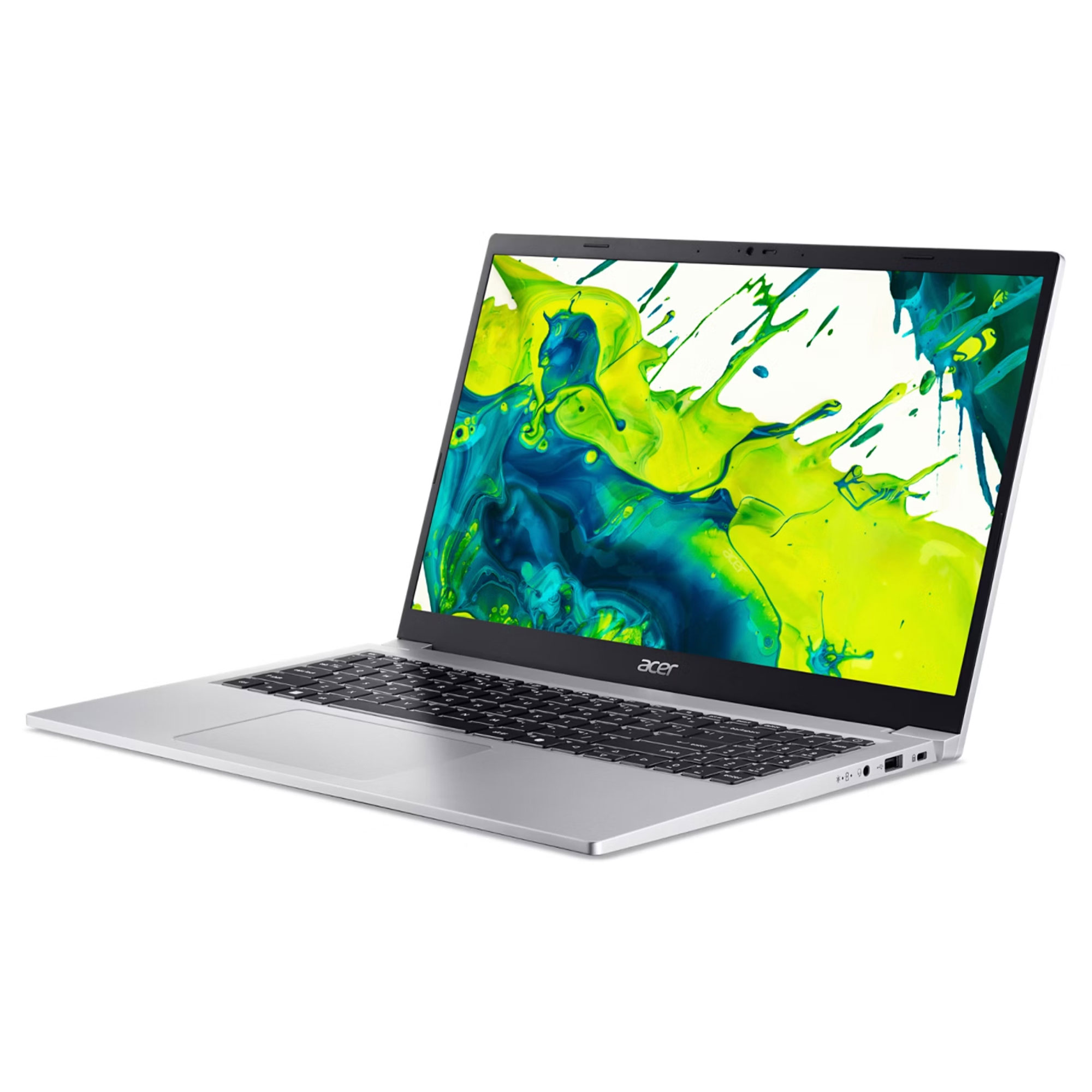 Ekranında renkli soyut bir arka plana sahip gümüş rengi Acer dizüstü bilgisayar.
