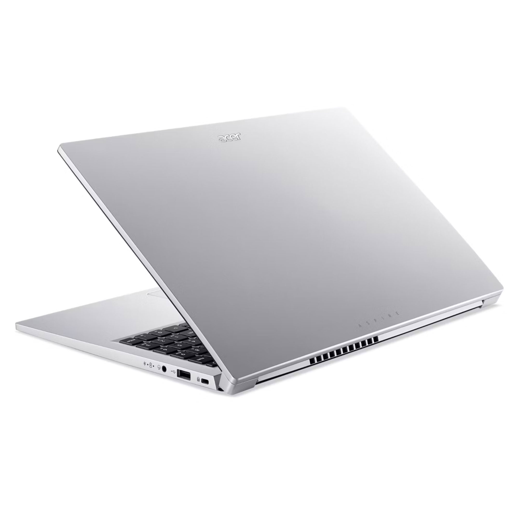 Gümüş rengi laptop açık kapaklı, klavyesi görünüyor, beyaz arka planda.