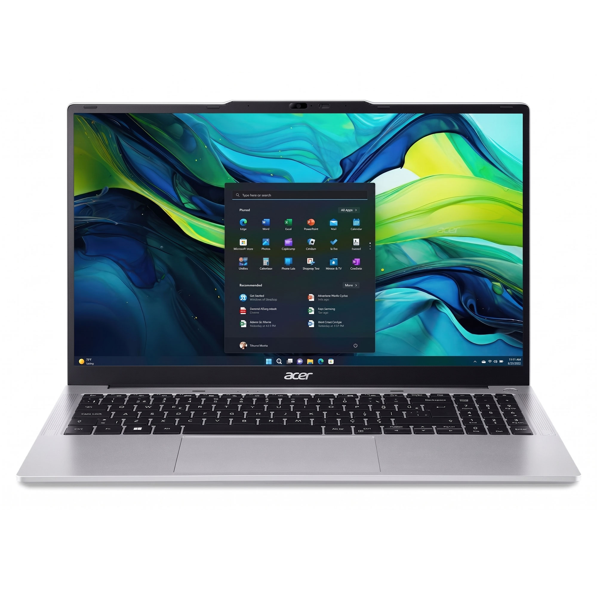 Gümüş rengi Acer dizüstü bilgisayar, aydınlatmalı klavyesi ve açık Windows başlangıç menüsü.