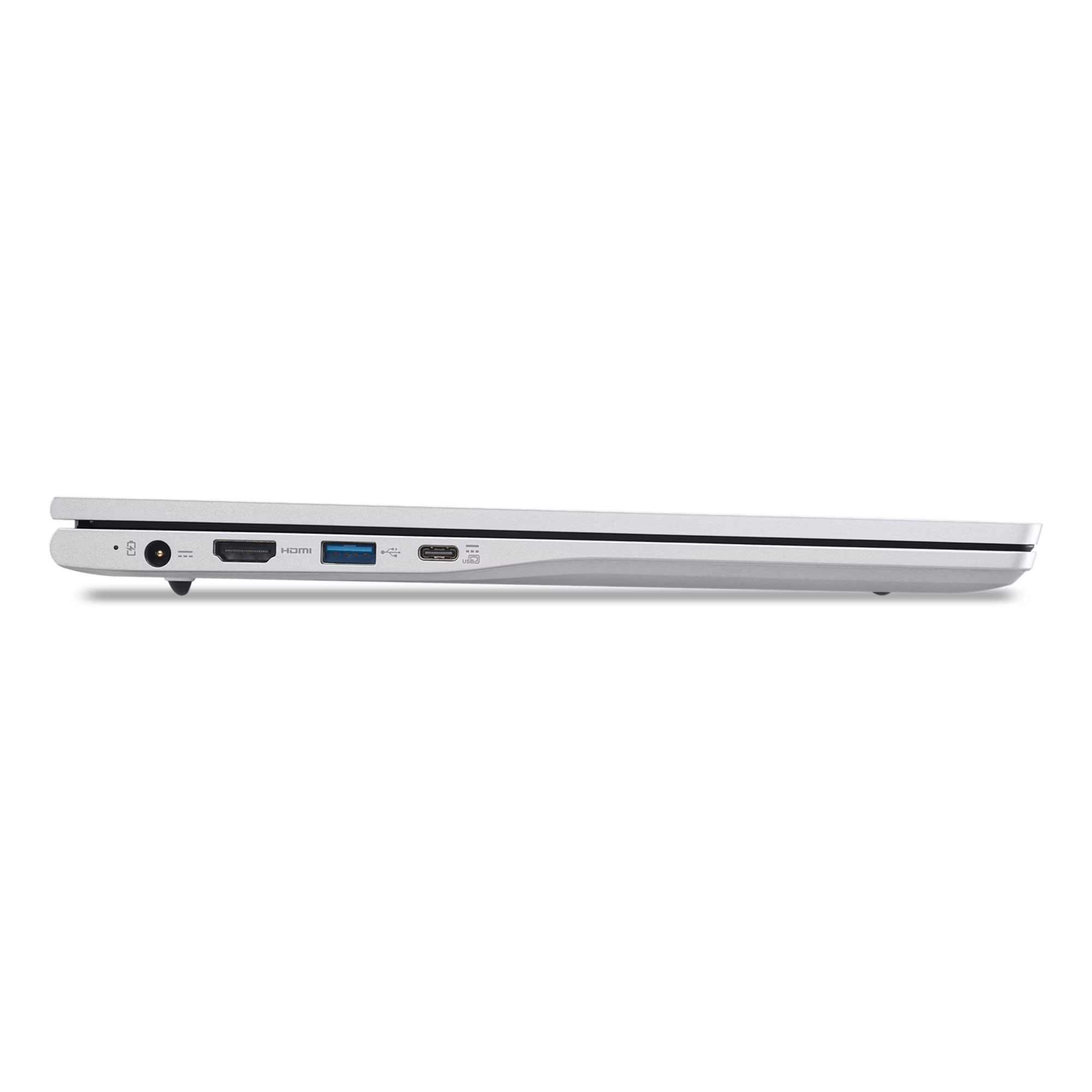 Gümüş renkli dizüstü bilgisayar: güç, HDMI, USB-A, USB-C bağlantı noktaları.