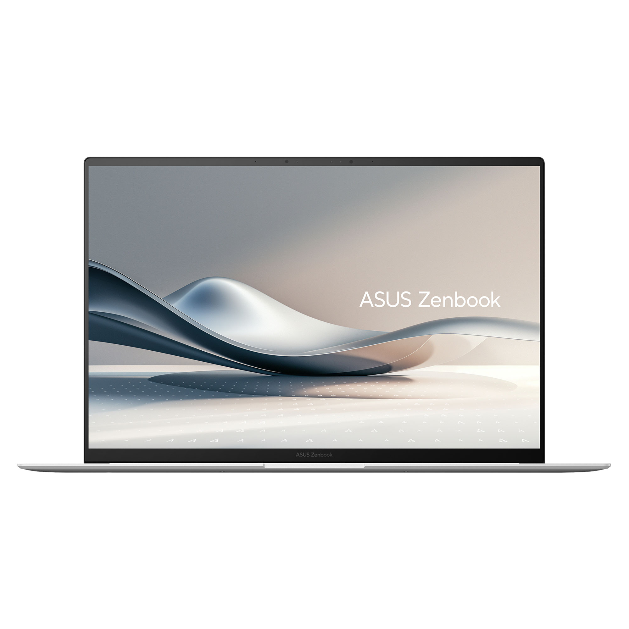 Ekranında soyut tasarıma sahip gümüş renkli Asus Zenbook dizüstü bilgisayar.