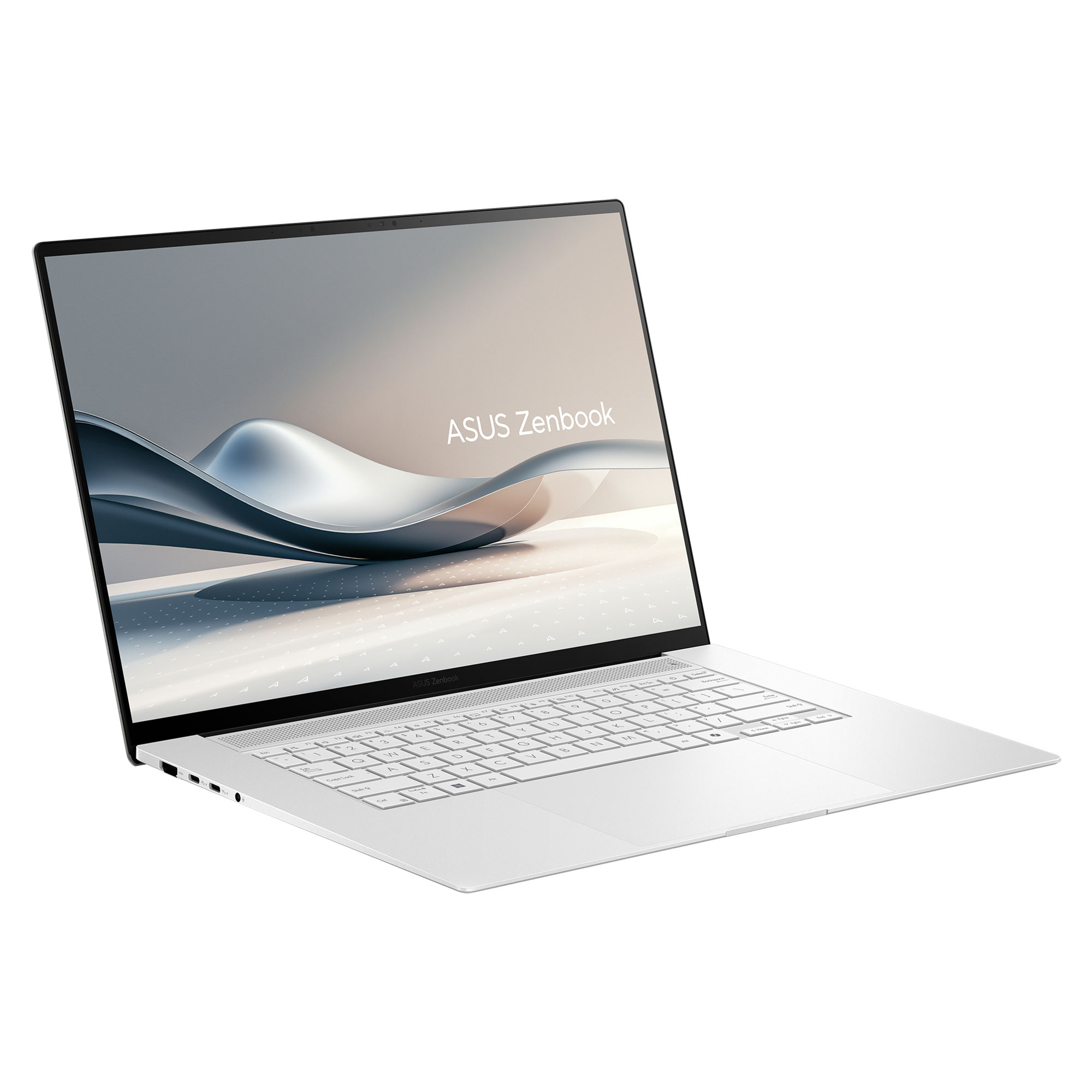 Açık beyaz ASUS Zenbook dizüstü bilgisayar, klavye ve ekranı görünüyor.