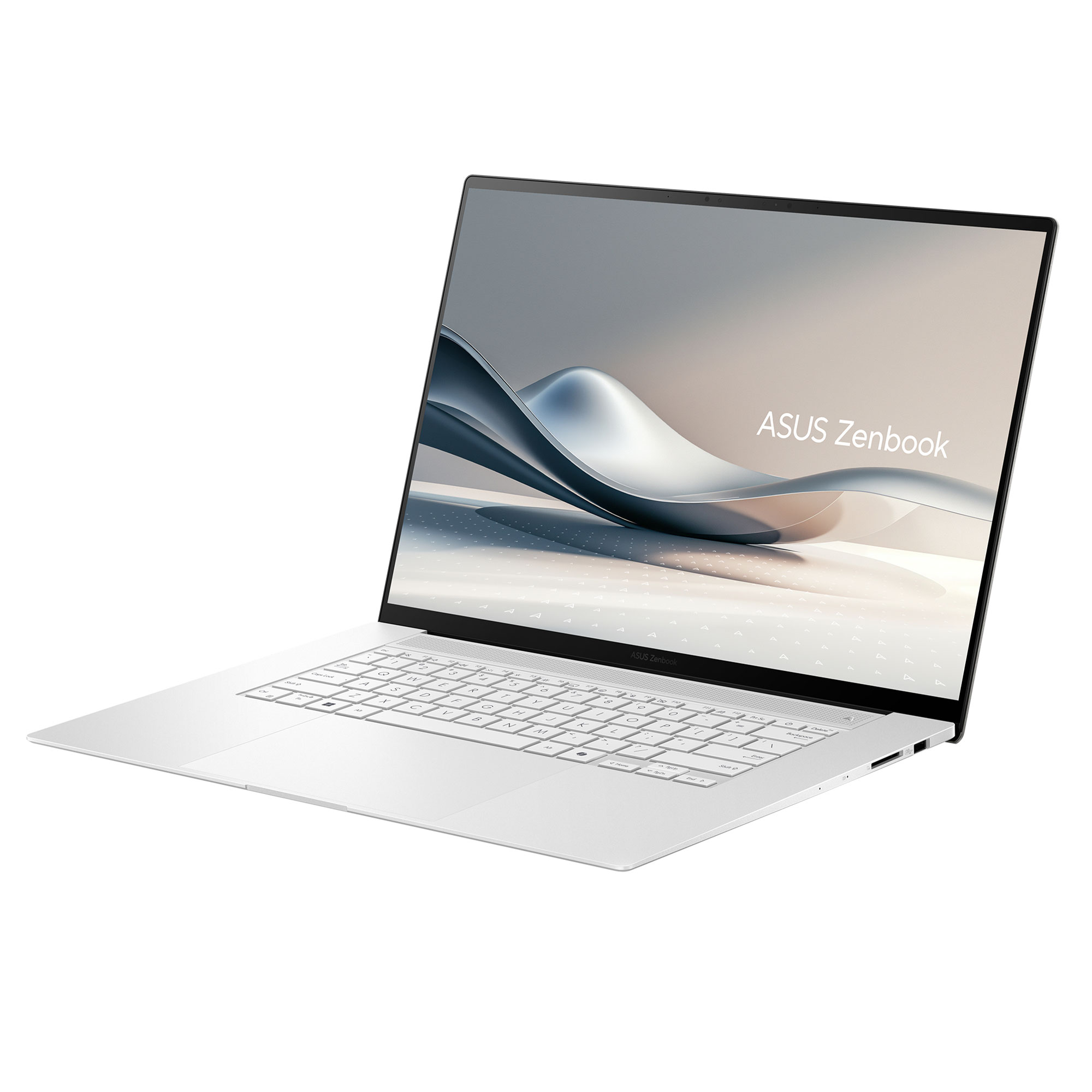 Ekranında şık bir arka planı olan beyaz bir ASUS Zenbook dizüstü bilgisayar.