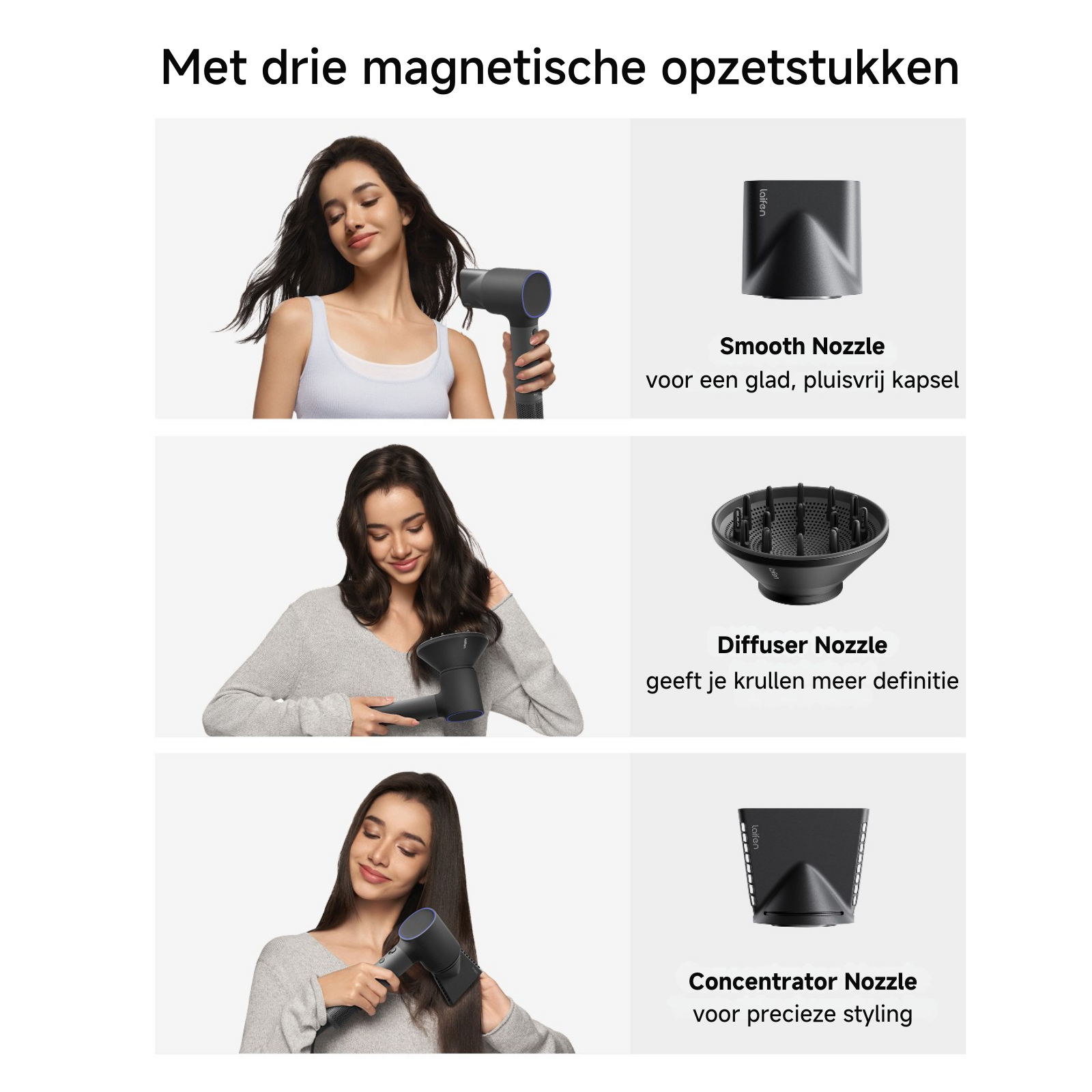 Tre donne con asciugacapelli e accessori: liscia, diffusore e concentratore.