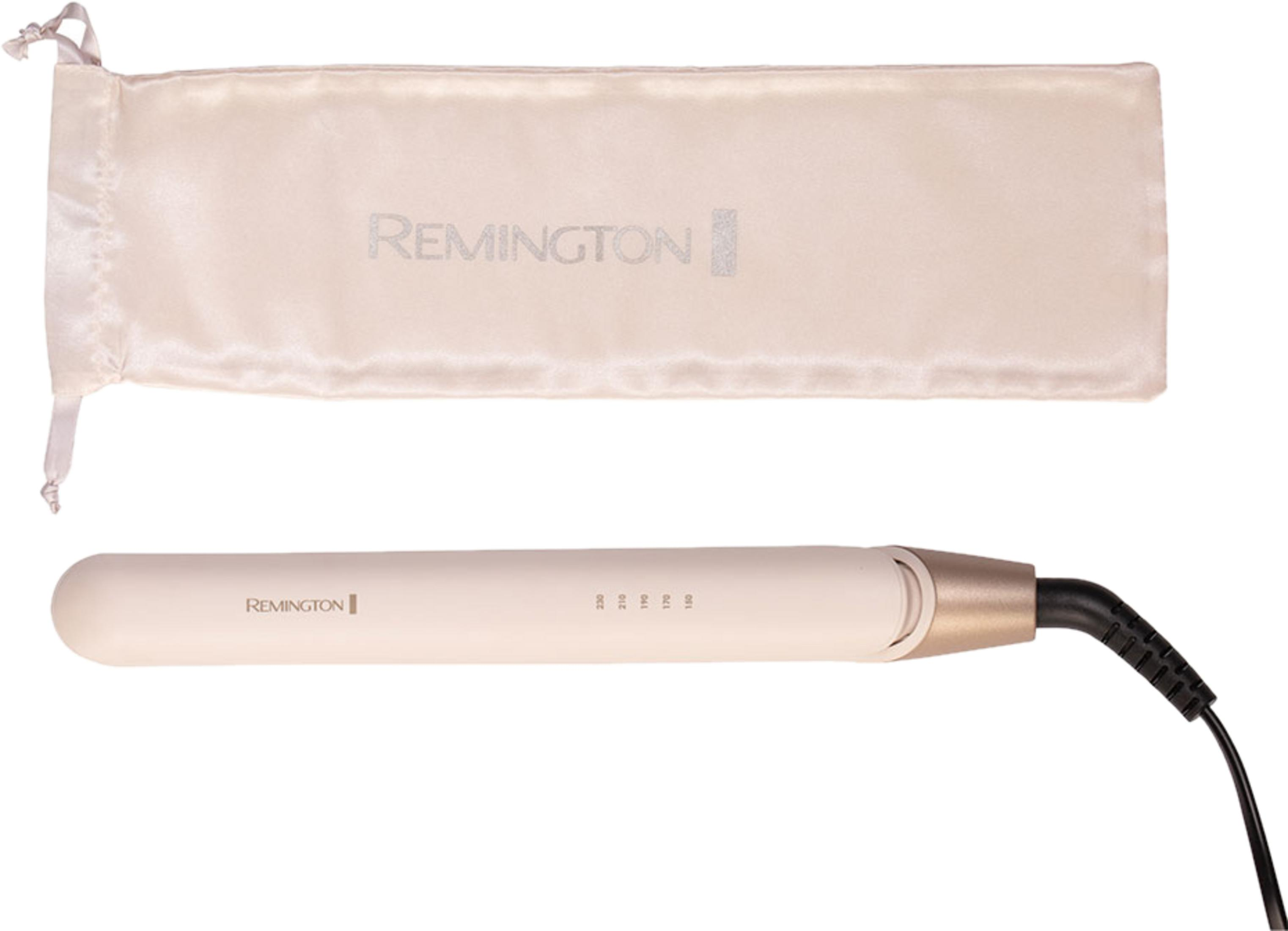 Una piastra per capelli Remington con custodia e impostazioni di temperatura su sfondo bianco.