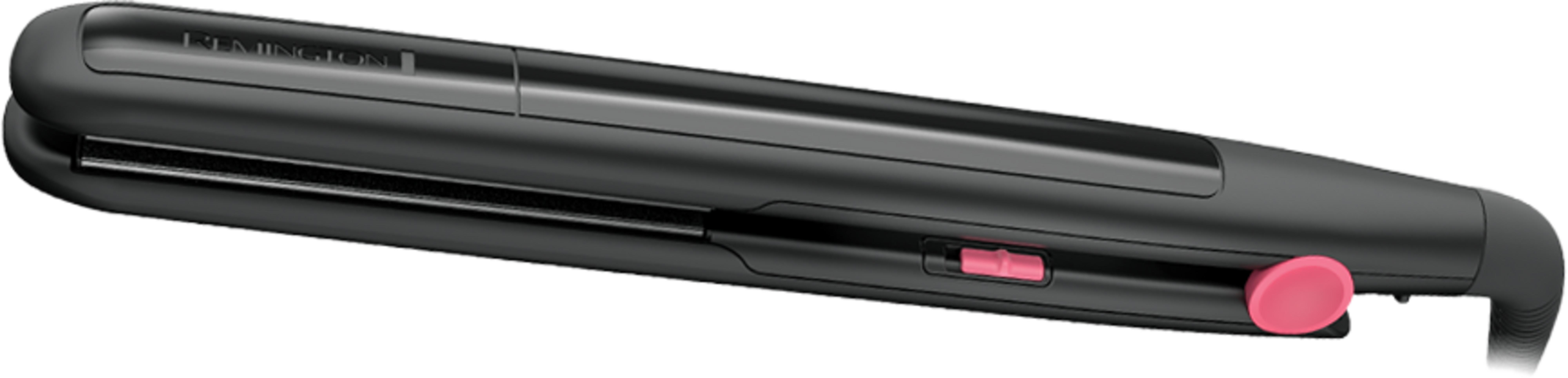 Una piastra per capelli Remington nera con accenti rosa.