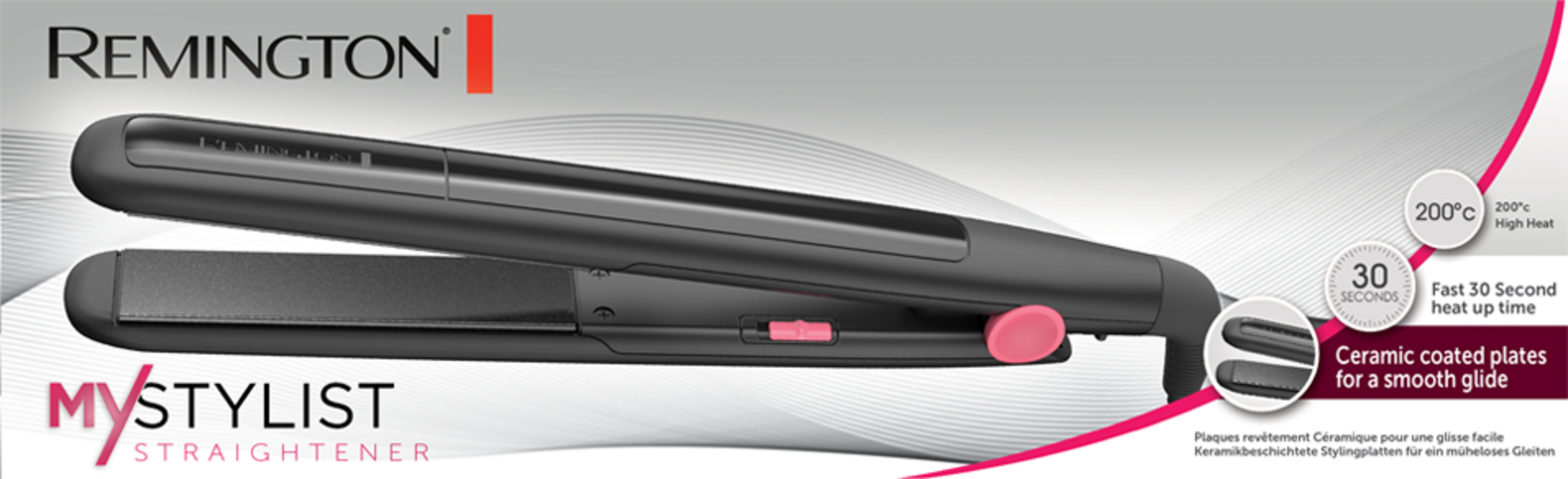 Una piastra Remington con accenti rosa, 200°C, riscaldamento rapido.