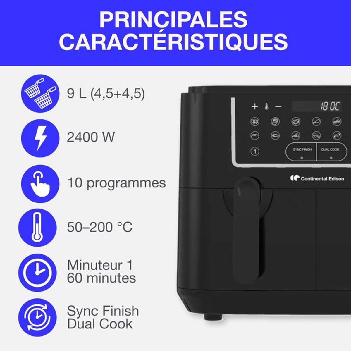 Friggitrice ad aria da 9L, 2400W, 10 programmi, 50-200°C, timer.