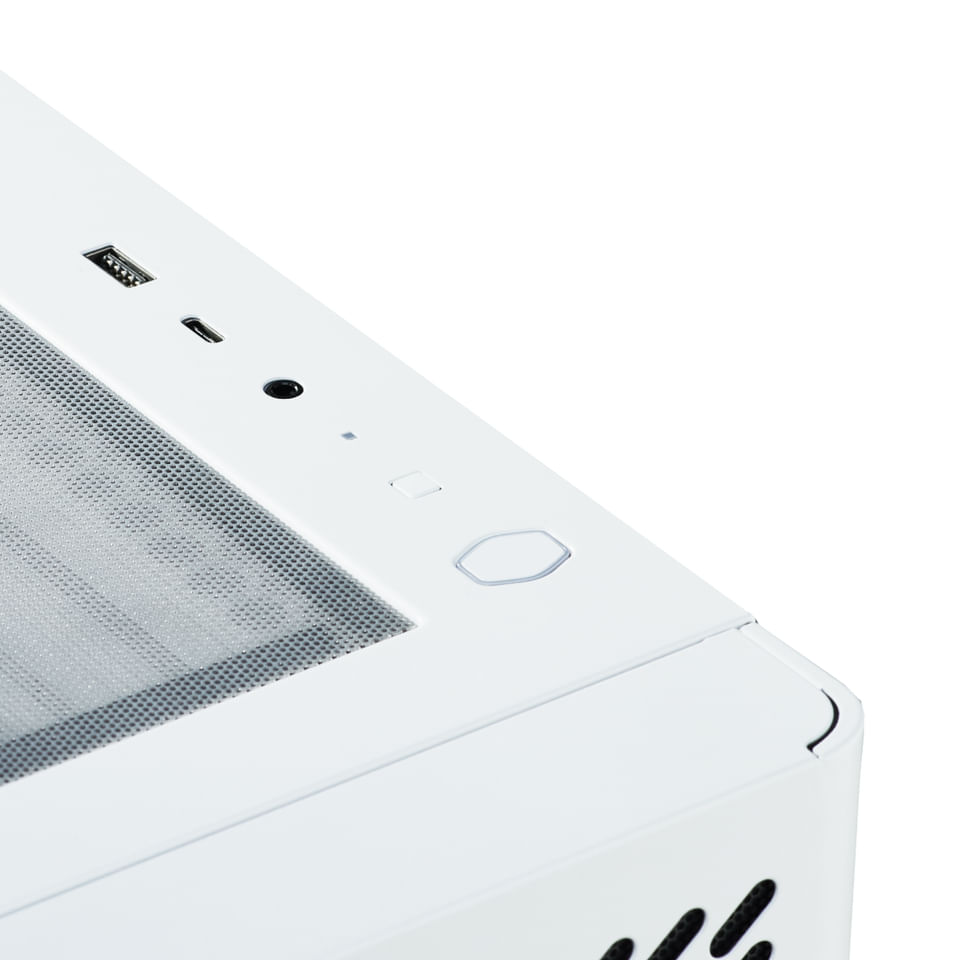 Pannello superiore case PC bianco con porte USB, jack audio, pulsanti e logo esagonale.