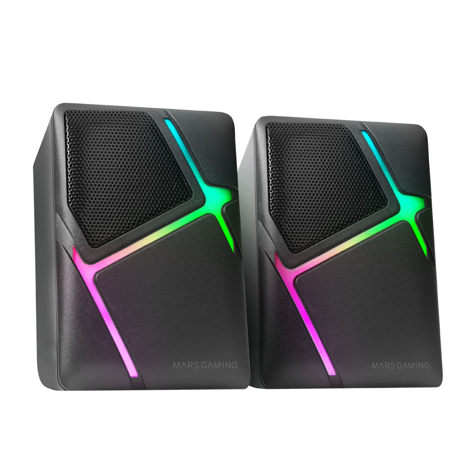 Due altoparlanti neri con illuminazione RGB su sfondo bianco.