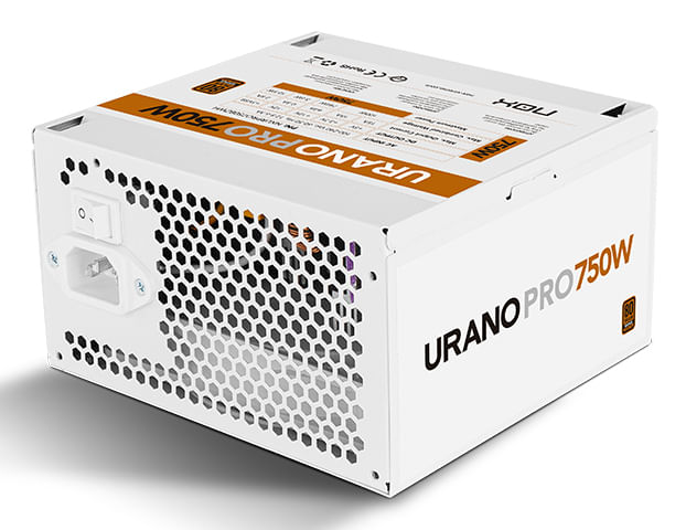 Un alimentatore bianco etichettato URANO PRO 750W con interruttore.