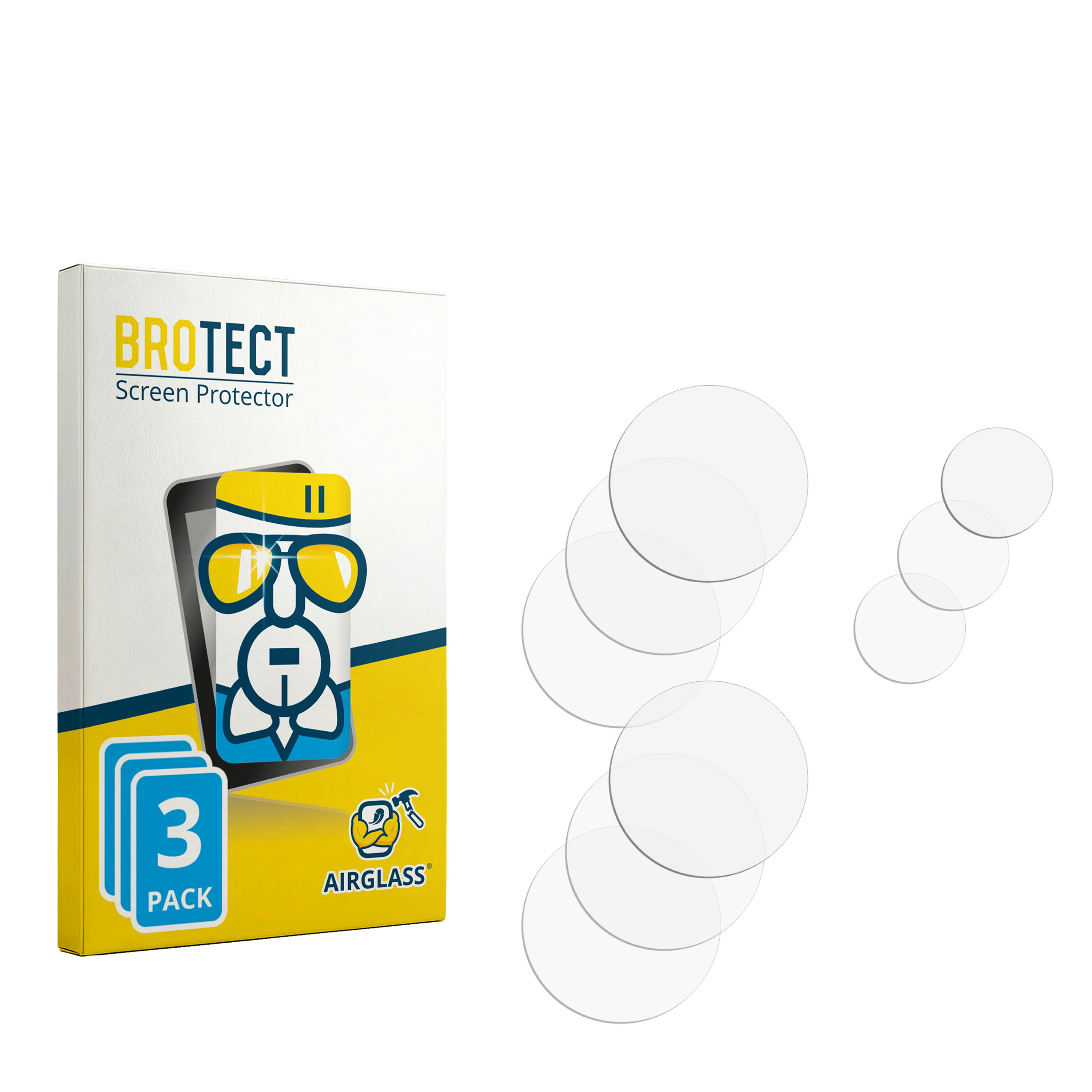 Verpackung für BROTECT Displayschutzfolien mit 3 Stück und runden Schutzgläsern.