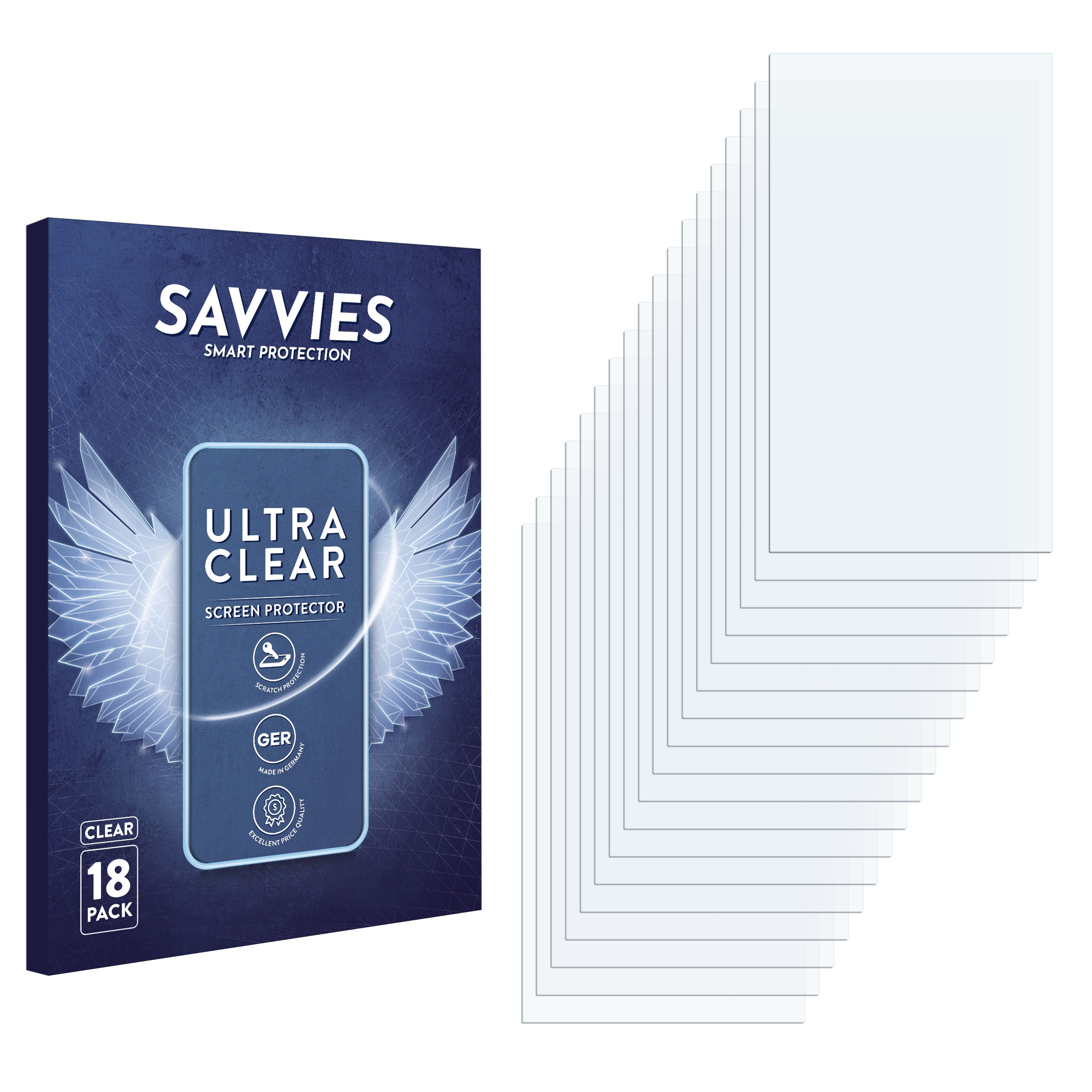 Verpackung für 18 Displayschutzfolien von Savvies, Ultra Clear.