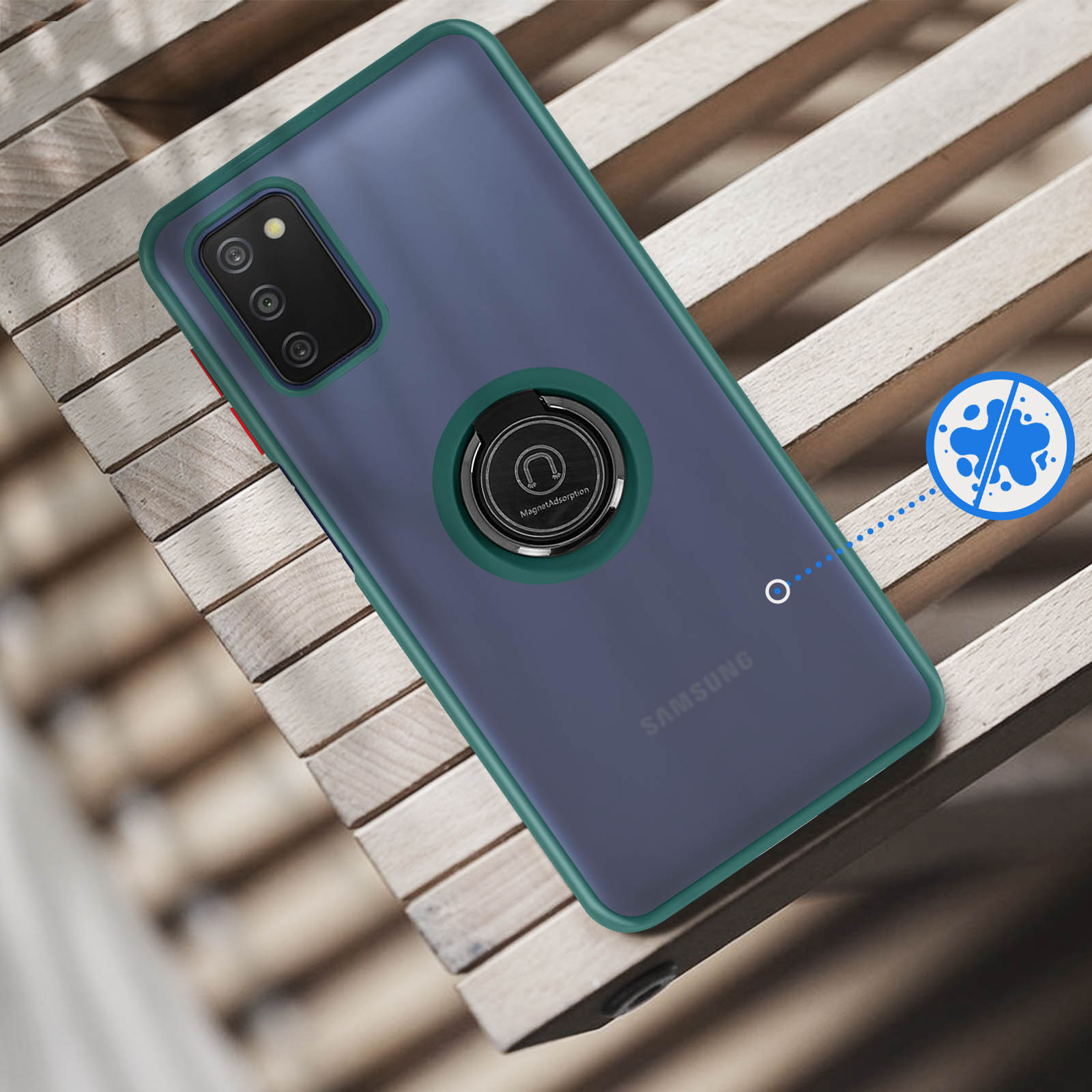 Custodia blu scuro per Samsung con anello porta anello su doghe di legno.