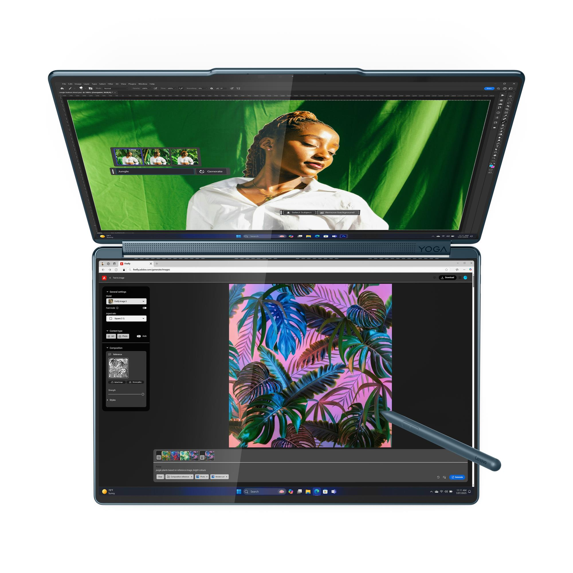 Un laptop mostra un programma di editing con una donna e un altro con piante.