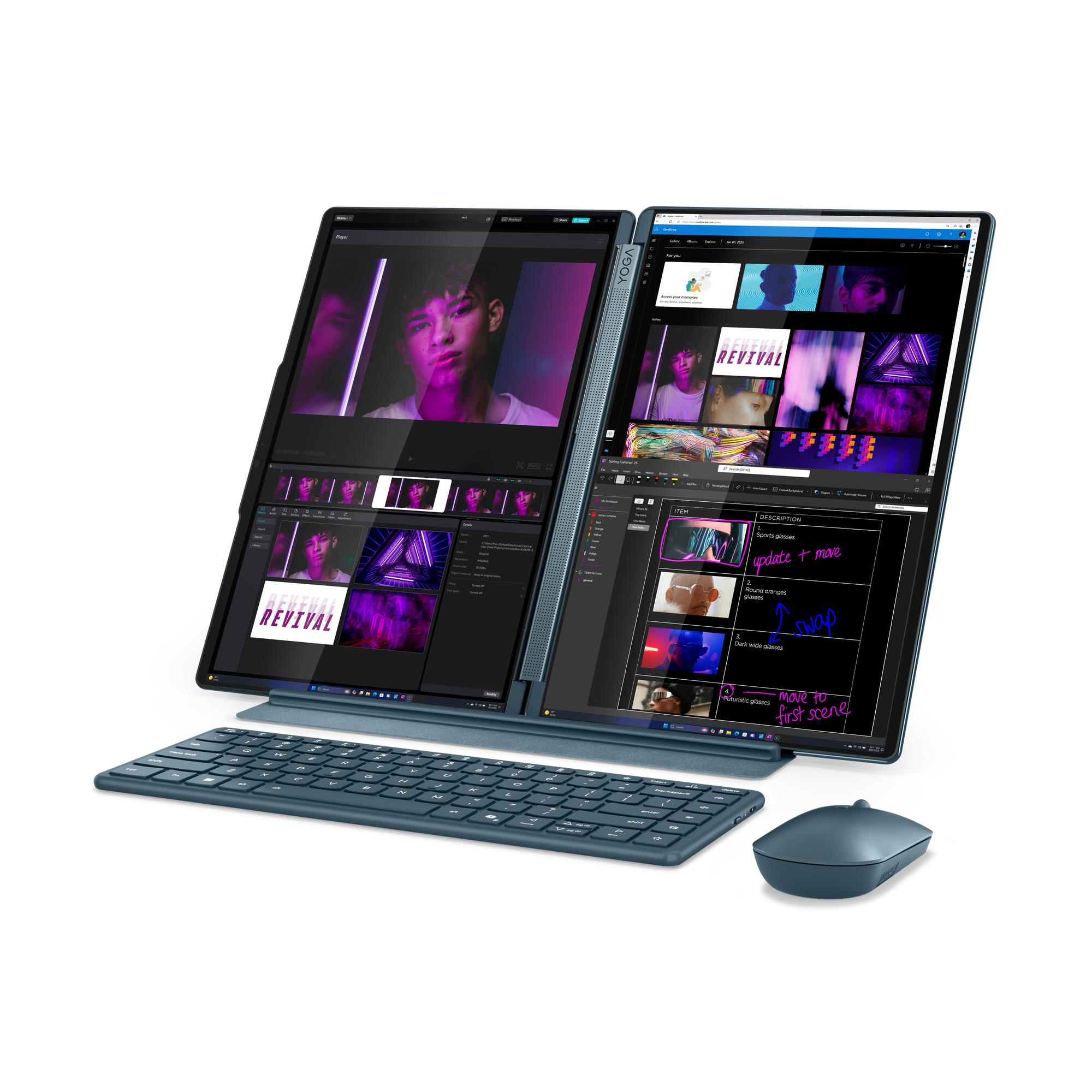Un laptop a doppio schermo con tastiera e mouse, che mostra software di editing video.