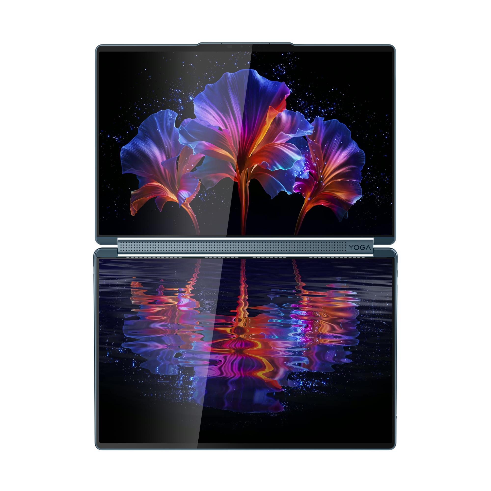 Un laptop a doppio schermo mostra fiori digitali e i loro riflessi.