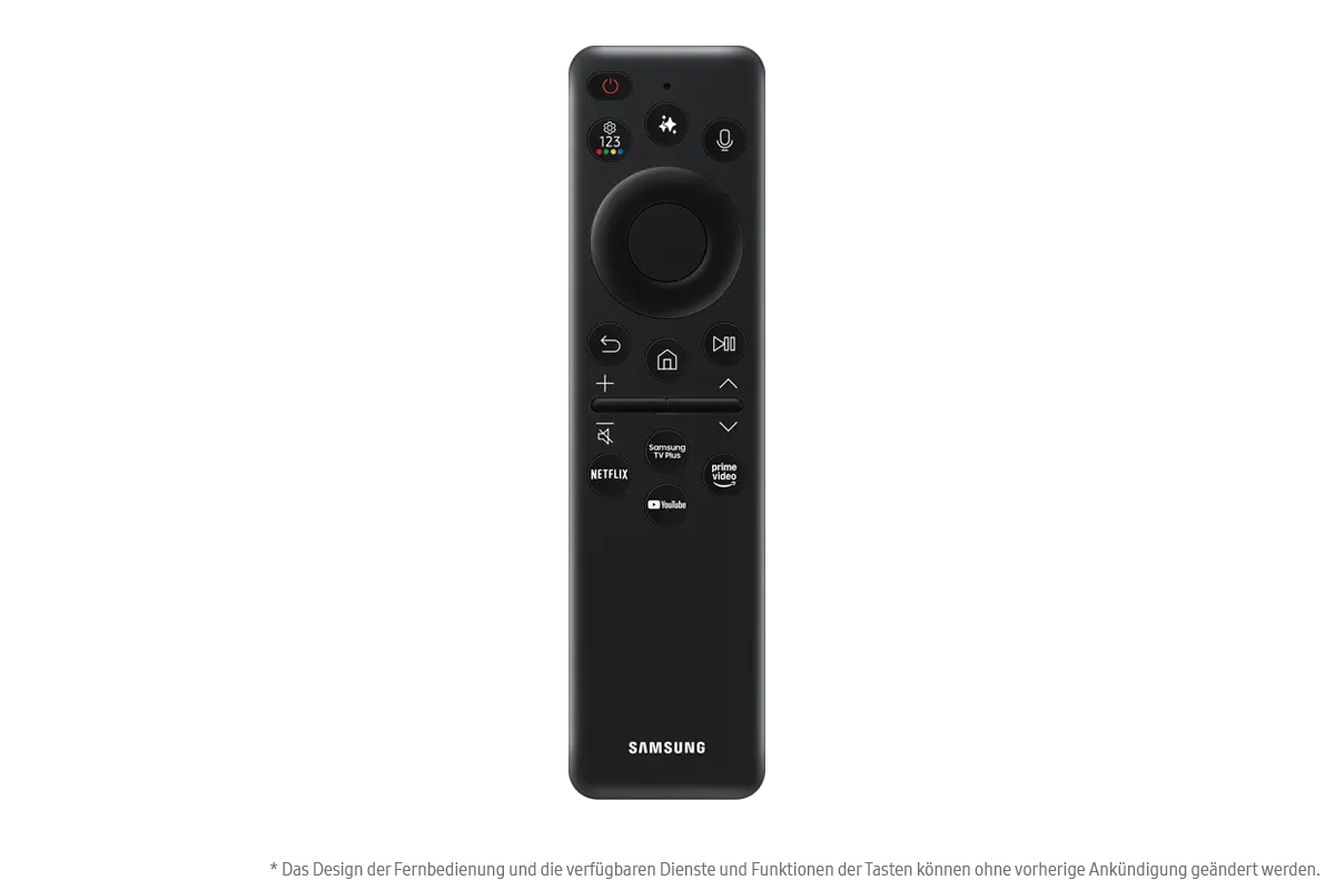 Czarny pilot Samsung TV z przyciskami zasilania, głośności, aplikacji i nawigacji.