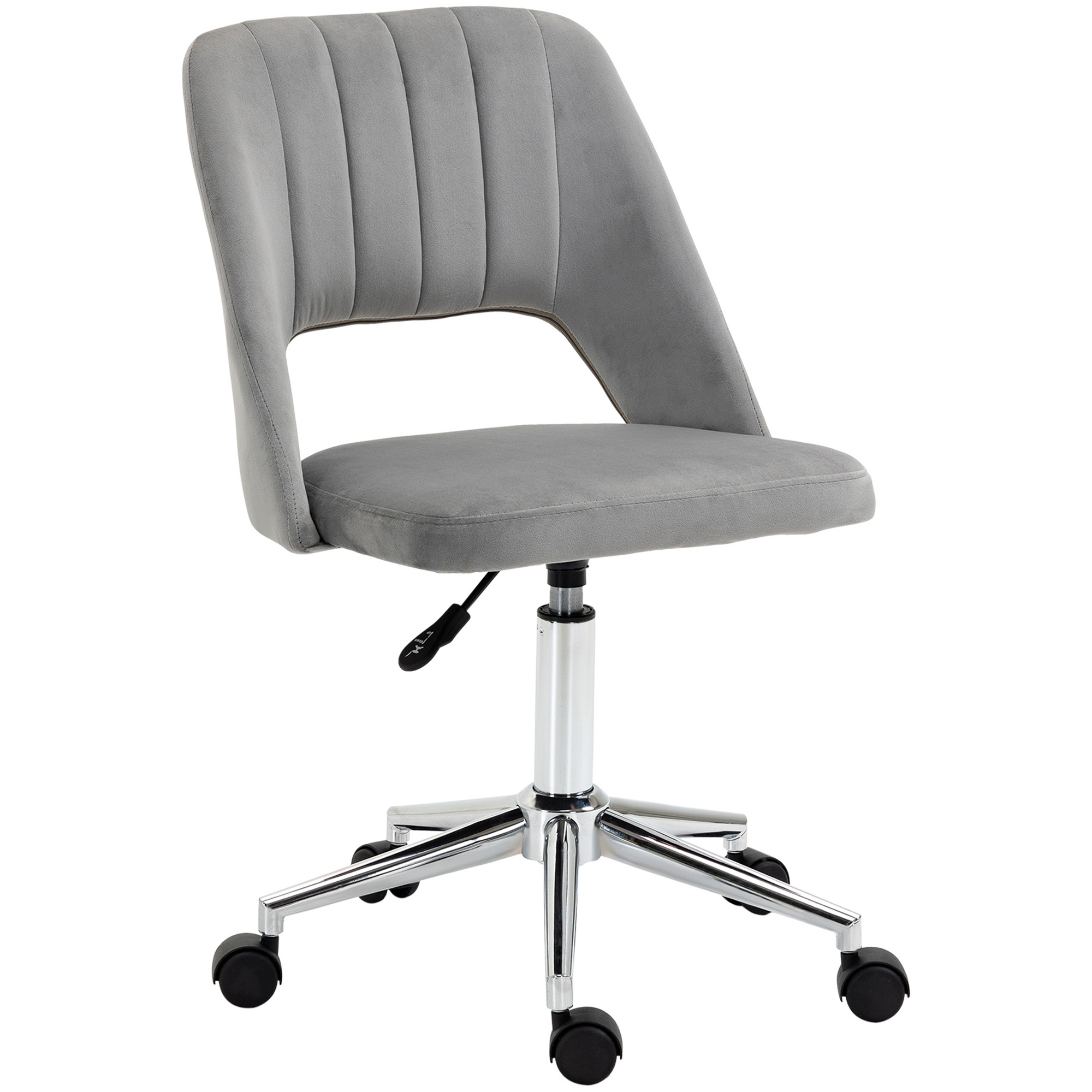 Sedia da ufficio imbottita grigia con rotelle. Design moderno.