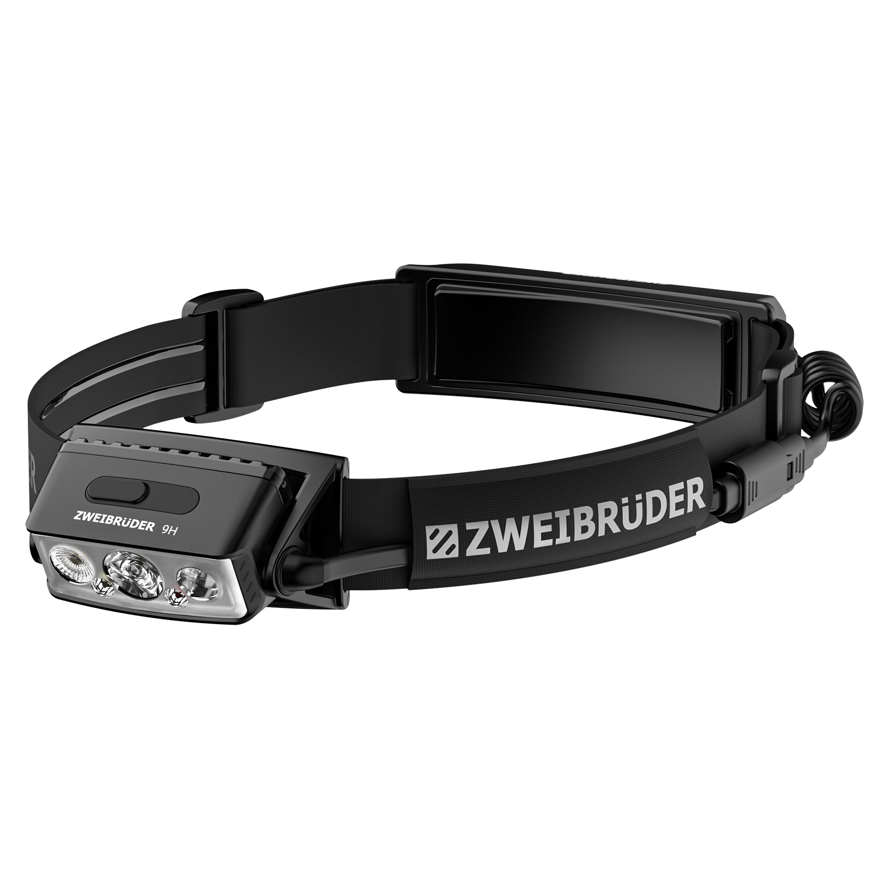Schwarzes Stirnband mit einer Leuchteinheit mit drei Lichtern und dem Markennamen.