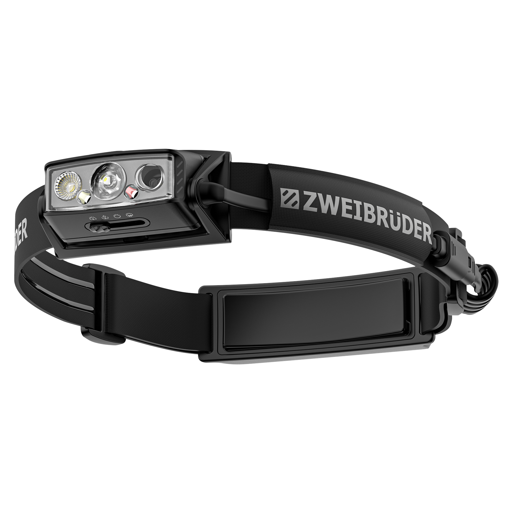 Schwarze Stirnlampe mit ZWEIBRUDER-Logo und drei LEDs.