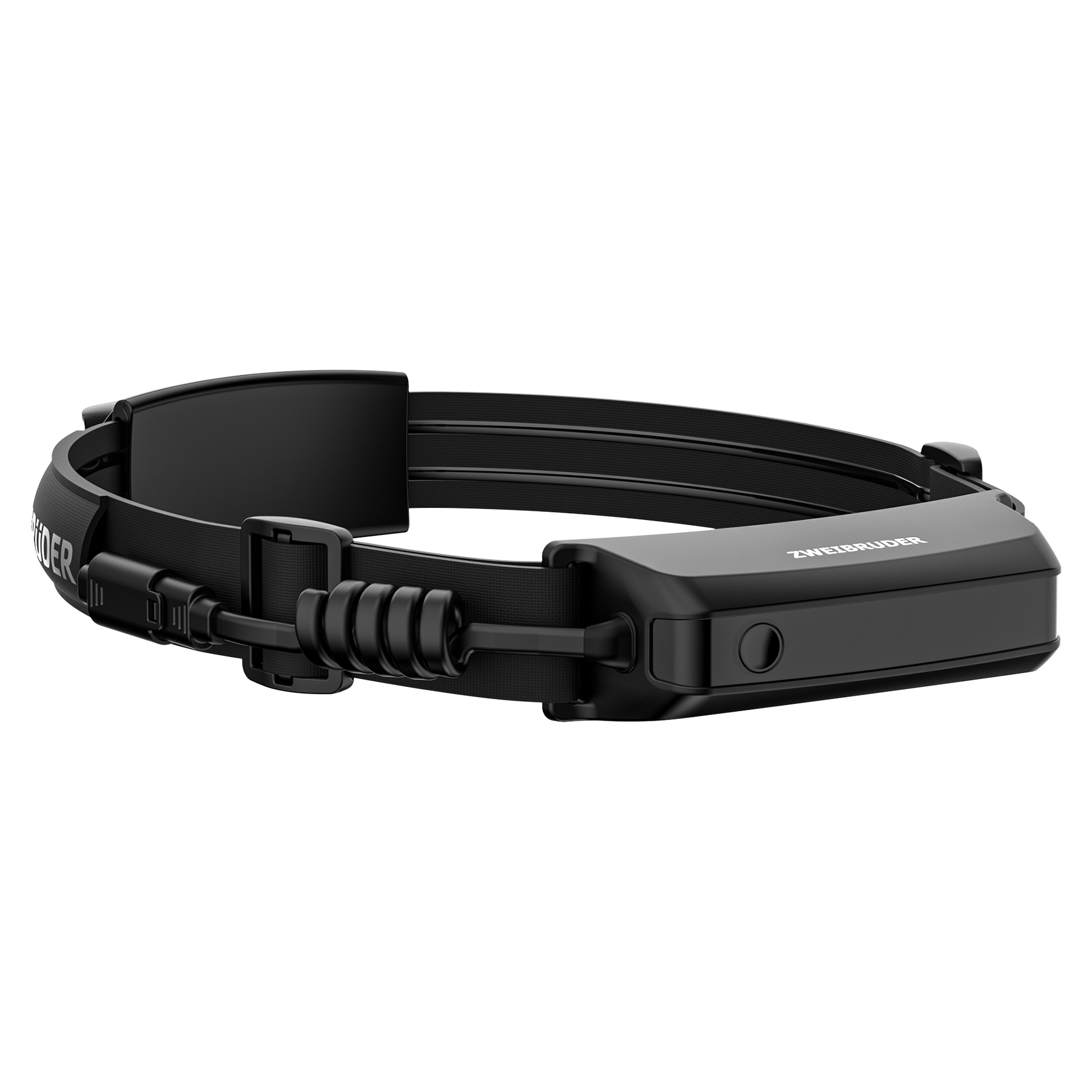 Schwarzes Stirnband mit ZWEI BRÜDER-Logo und verstellbarem Riemen.
