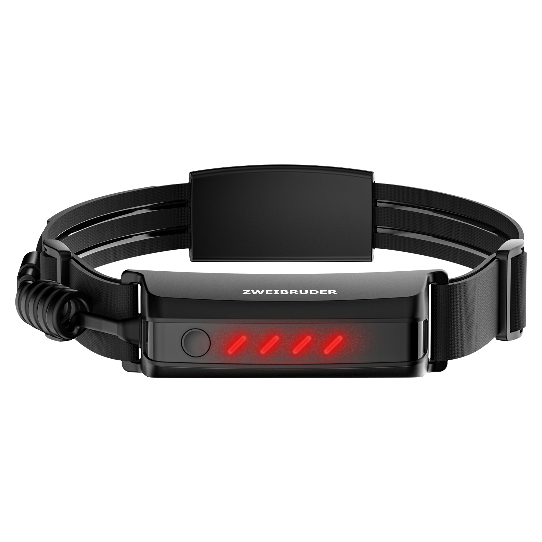Schwarzes Stirnband mit ZWEI BRÜDER Logo und vier roten LEDs.