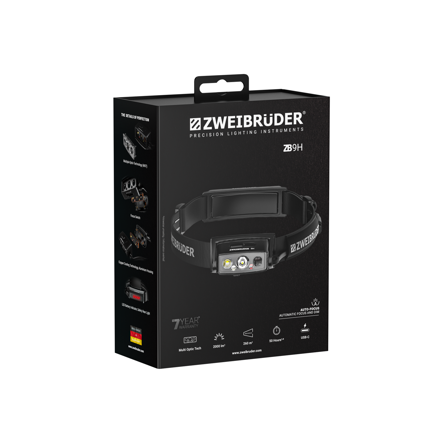 Die Verpackung einer ZWEIBRÜDER ZB9H Stirnlampe mit detaillierten Merkmalen.