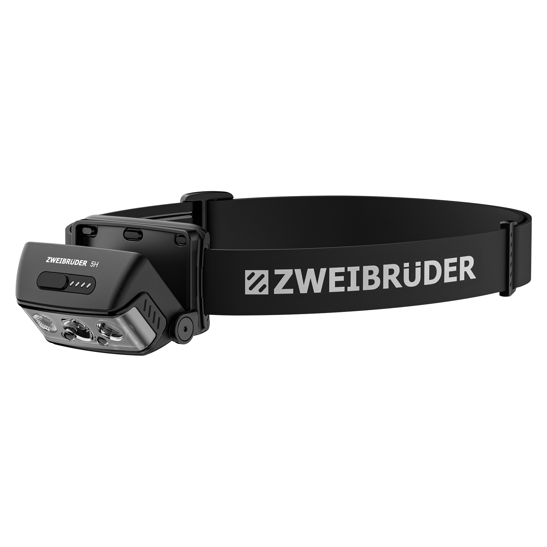 Schwarze Stirnlampe mit ZWEIBrüder-Logo auf dem Band.