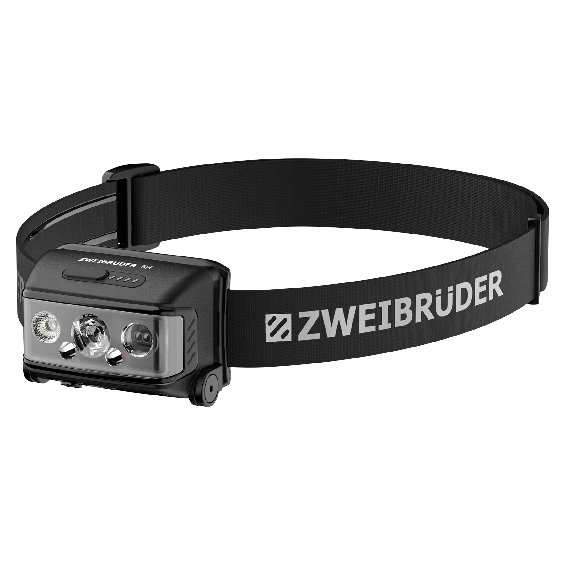 Schwarzer Stirnlampe mit verstellbarem Gurt und dem ZWEIBRÜDER-Logo.