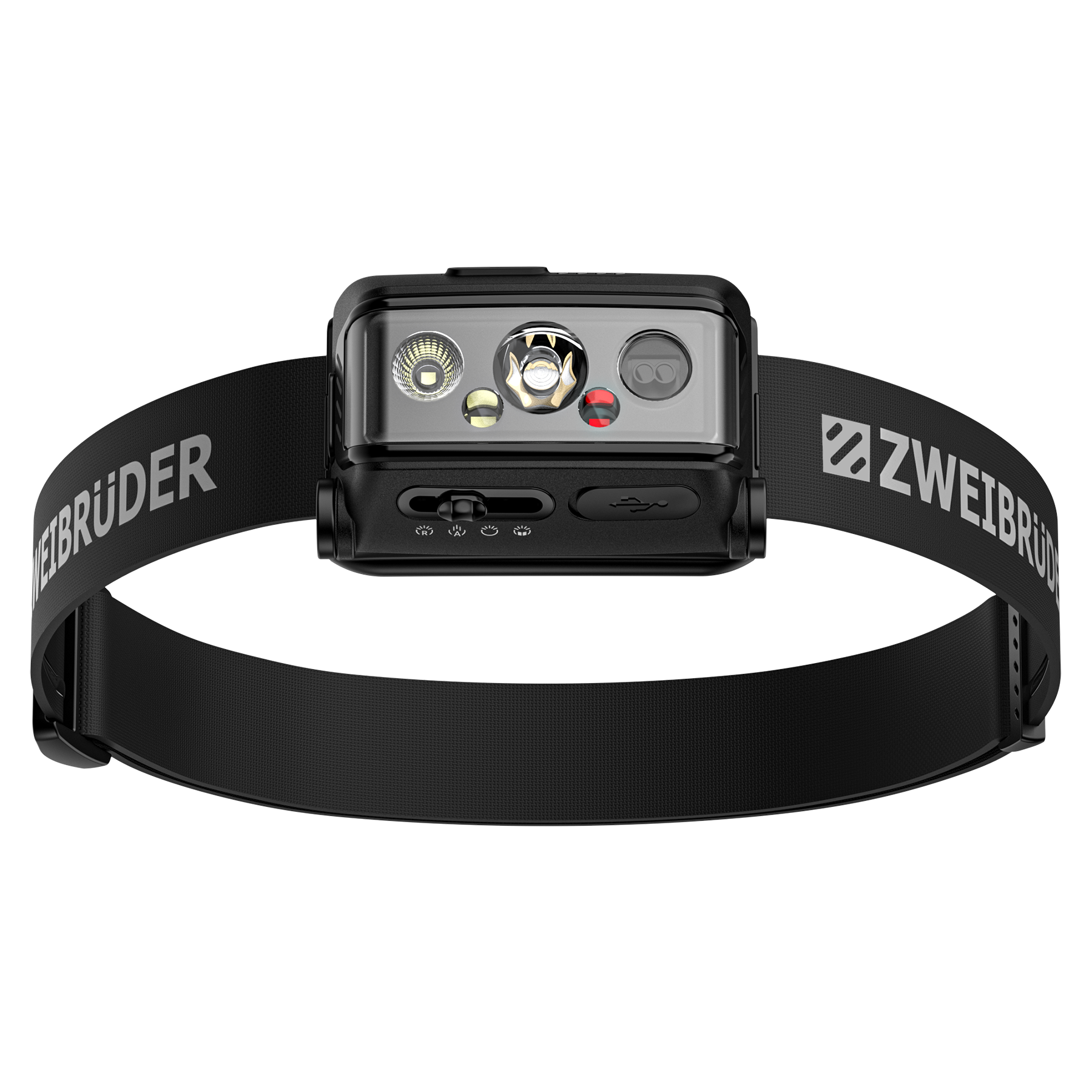 Eine schwarze Stirnlampe mit silbernem Gehäuse, weißen und roten LEDs und dem Logo ZWEIBRÜDER.