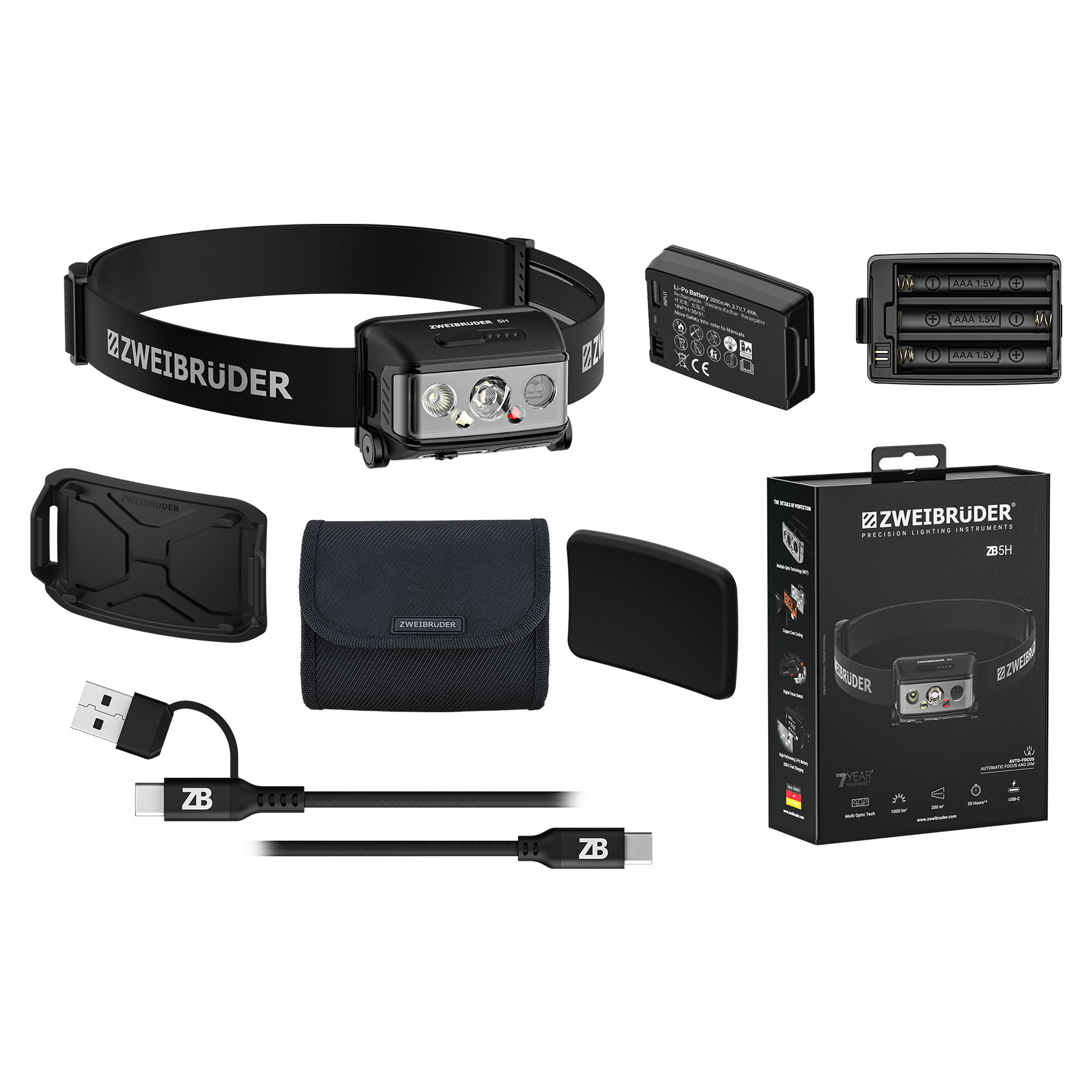 Ein ZWEIBRUDER Stirnlampe-Set mit Zubehör, Akku, Batteriefach und Ladekabel.